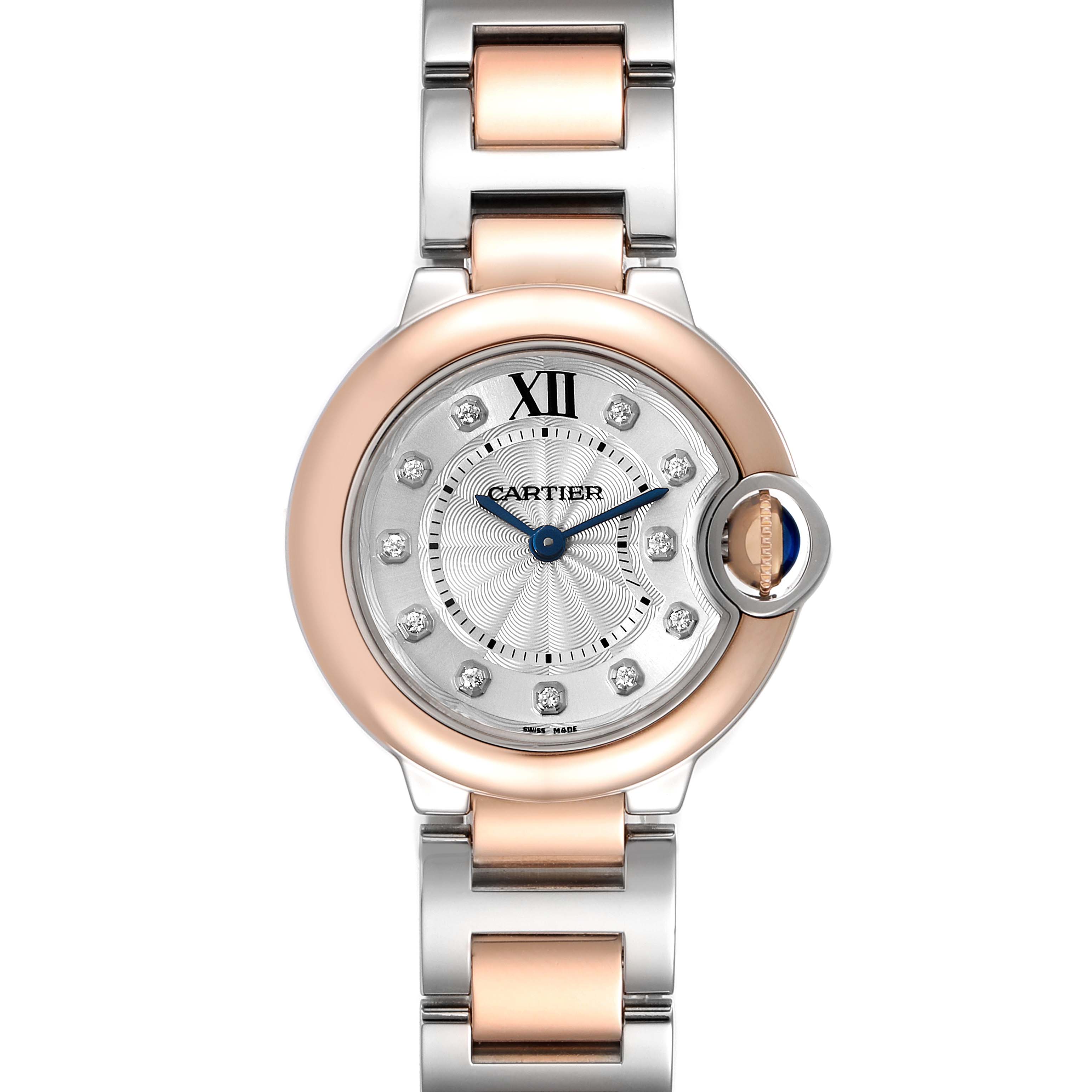 The image shows a front view of the Cartier Ballon Bleu W3BB0005 Women's Steel and Gold (two tone) Silver Dial W3BB0005 Women's Steel and Gold (two tone) Silver Dial watch with its face, bezel, and part of the bracelet visible.
