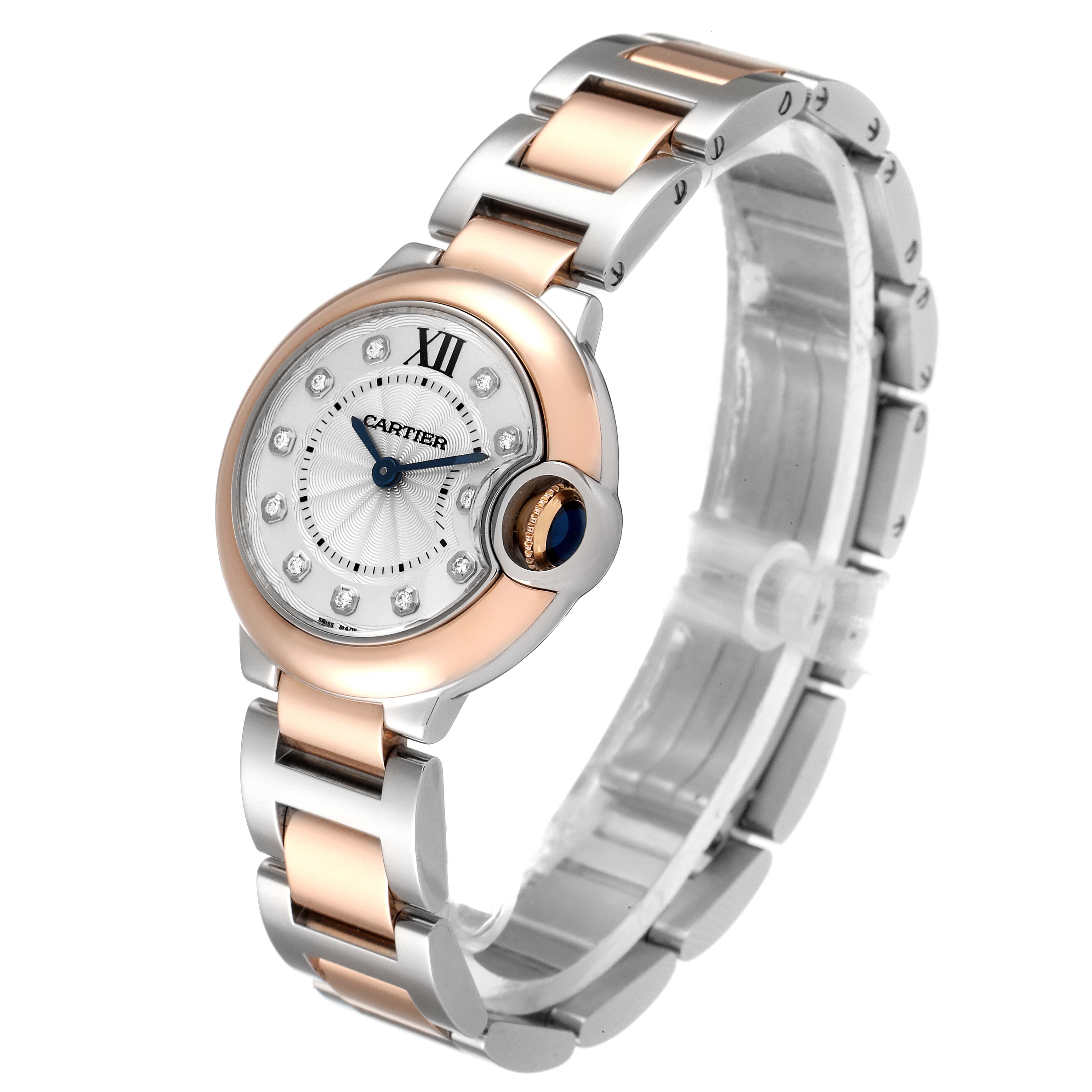 The image shows a side and front angle of the Cartier Ballon Bleu W3BB0005 Women's Steel and Gold (two tone) Silver Dial W3BB0005 Women's Steel and Gold (two tone) Silver Dial watch, highlighting the two-tone bracelet and the detailed watch face.