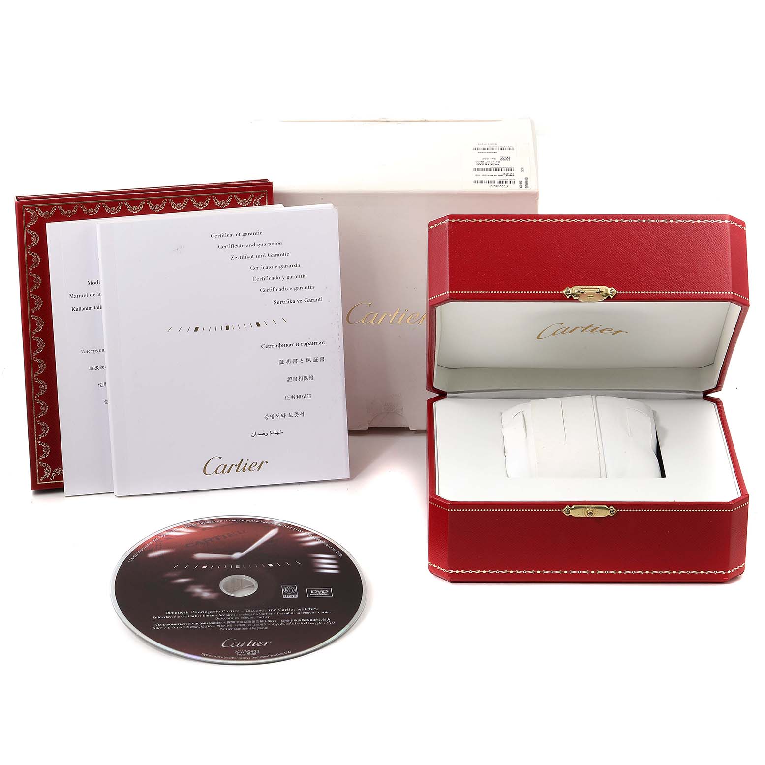 This image shows the packaging, manuals, and case for a Cartier Ballon Bleu W3BB0005 Women's Steel and Gold (two tone) Silver Dial W3BB0005 Women's Steel and Gold (two tone) Silver Dial watch, viewed from the front.
