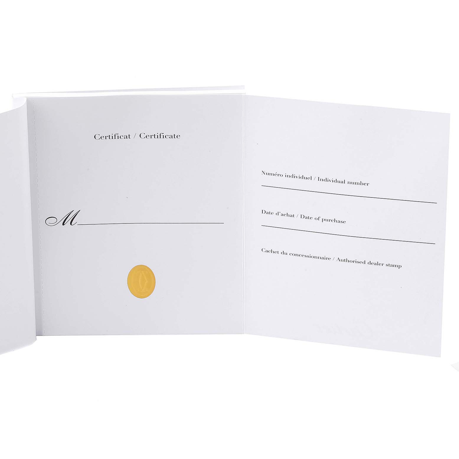 This image shows an open warranty booklet for the Ballon Bleu model by Cartier.