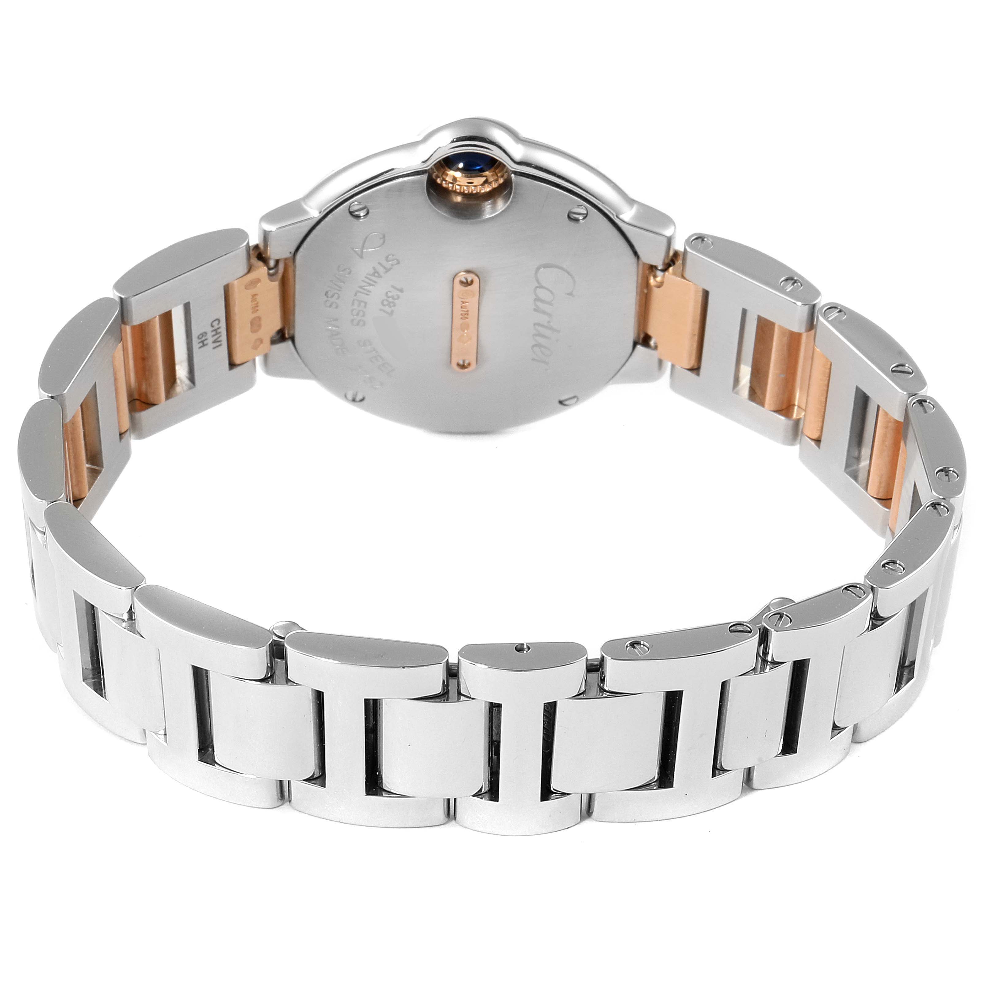 The image shows the back case and bracelet of a Cartier Ballon Bleu W3BB0005 Women's Steel and Gold (two tone) Silver Dial W3BB0005 Women's Steel and Gold (two tone) Silver Dial watch, highlighting its two-tone metal design and branding.