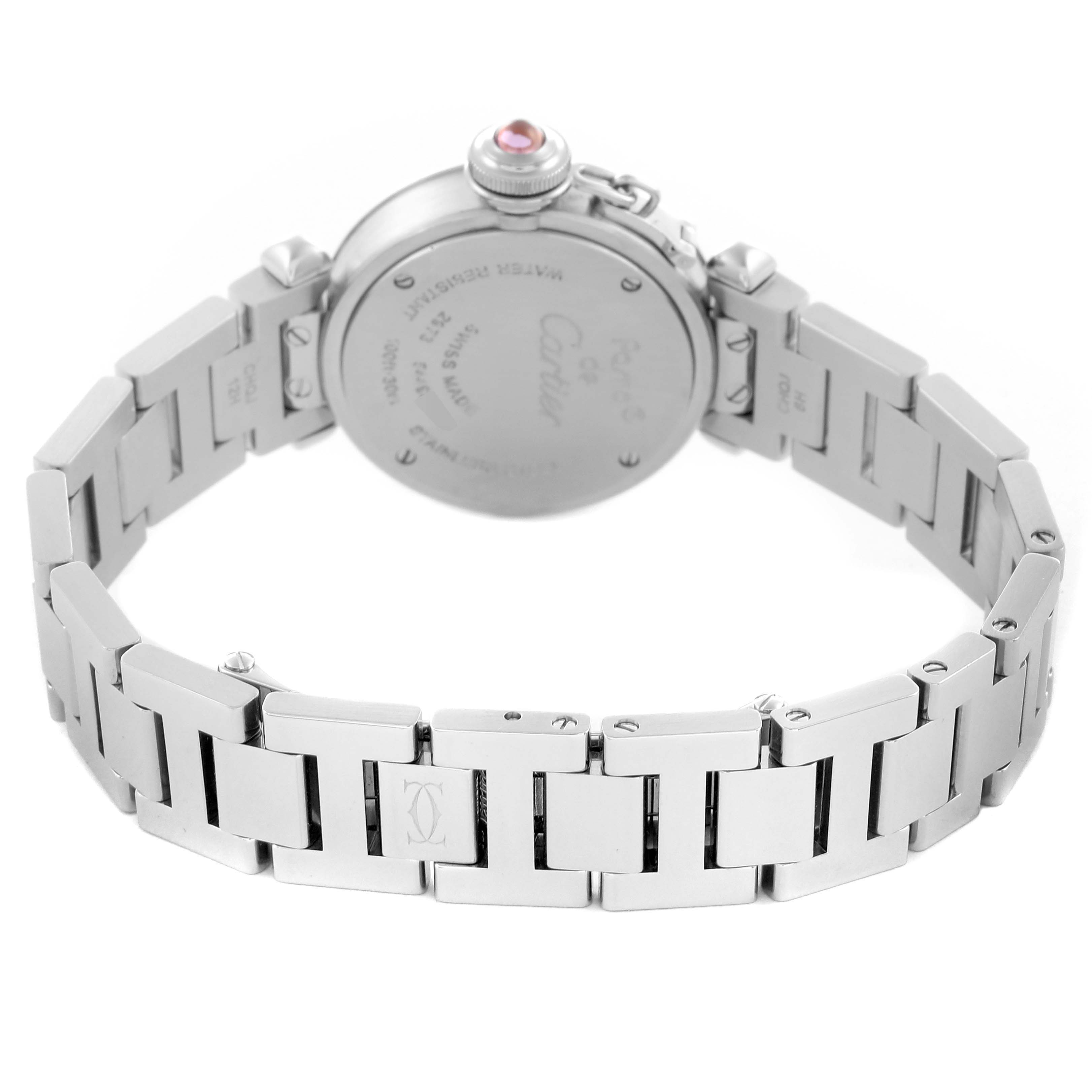 The image shows the case back and bracelet of a Cartier Pasha W3140023 Women
s Stainless Steel Pink Dial W3140023 Women
s Stainless Steel Pink Dial watch from a rear angle.