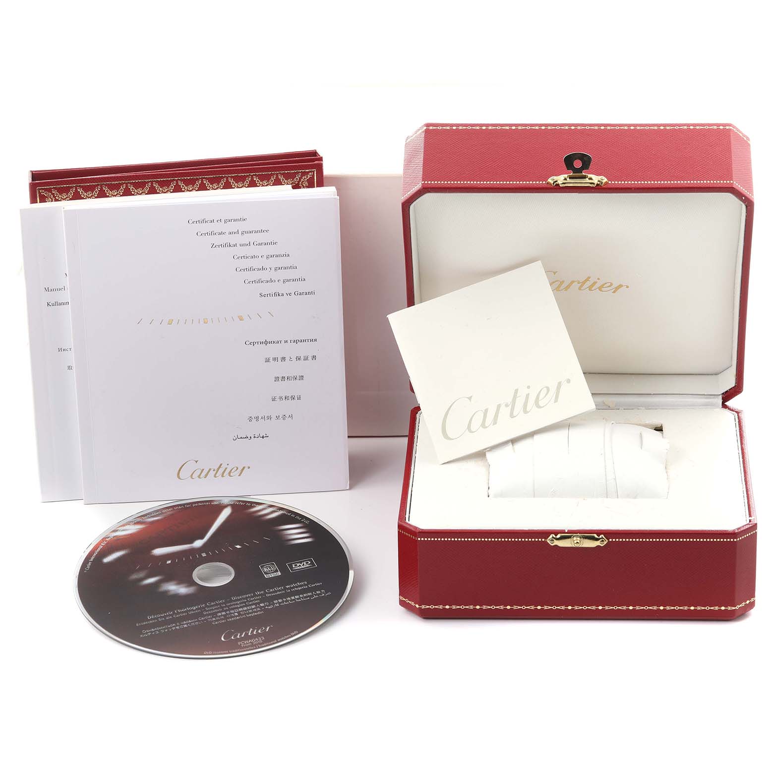 The image shows the Cartier Pasha W3140023 Women
s Stainless Steel Pink Dial W3140023 Women
s Stainless Steel Pink Dial watch box, warranty booklet, and other documentation from a front angle.