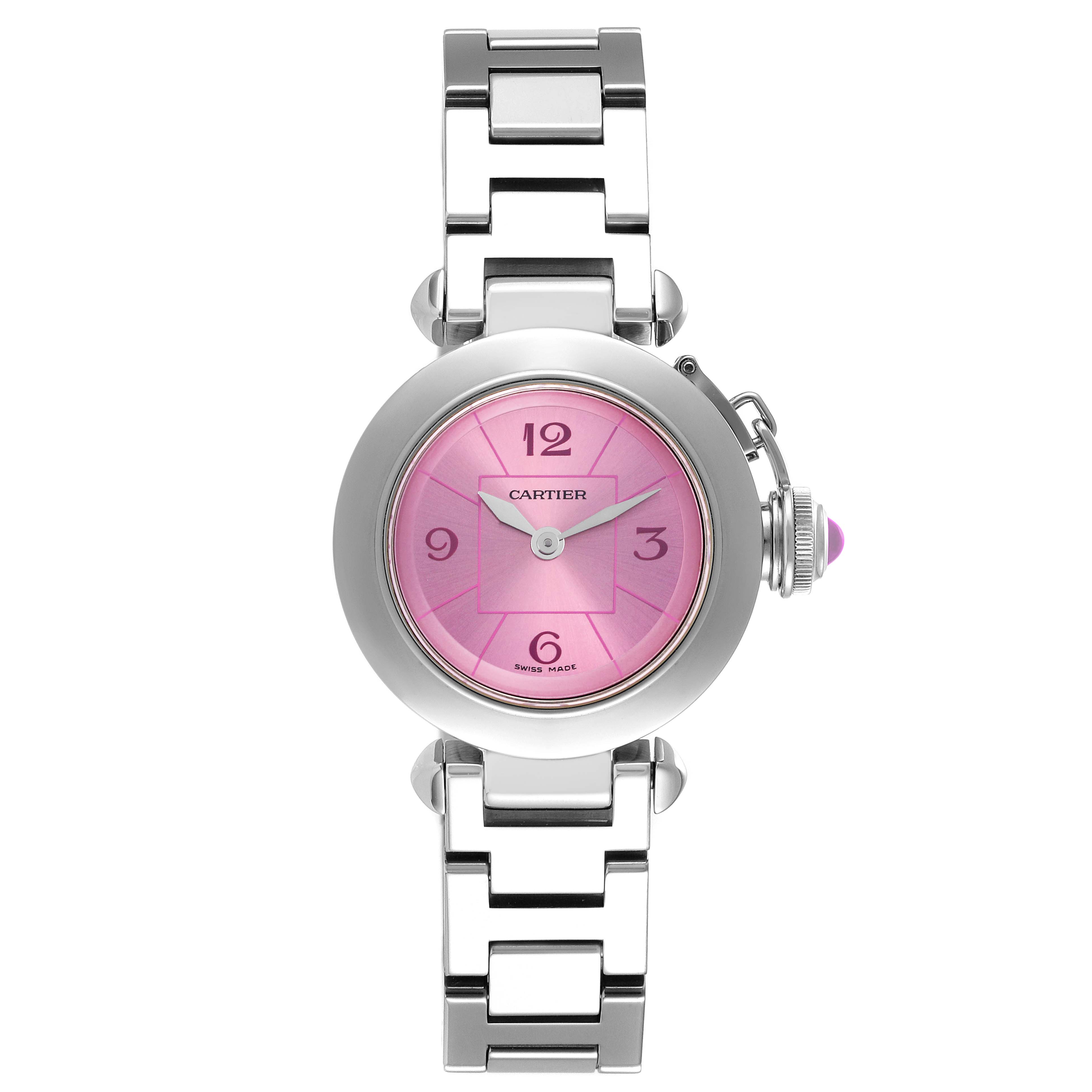 The Cartier Pasha W3140023 Women
s Stainless Steel Pink Dial W3140023 Women
s Stainless Steel Pink Dial watch is shown from a top view, highlighting its pink dial and metal bracelet.