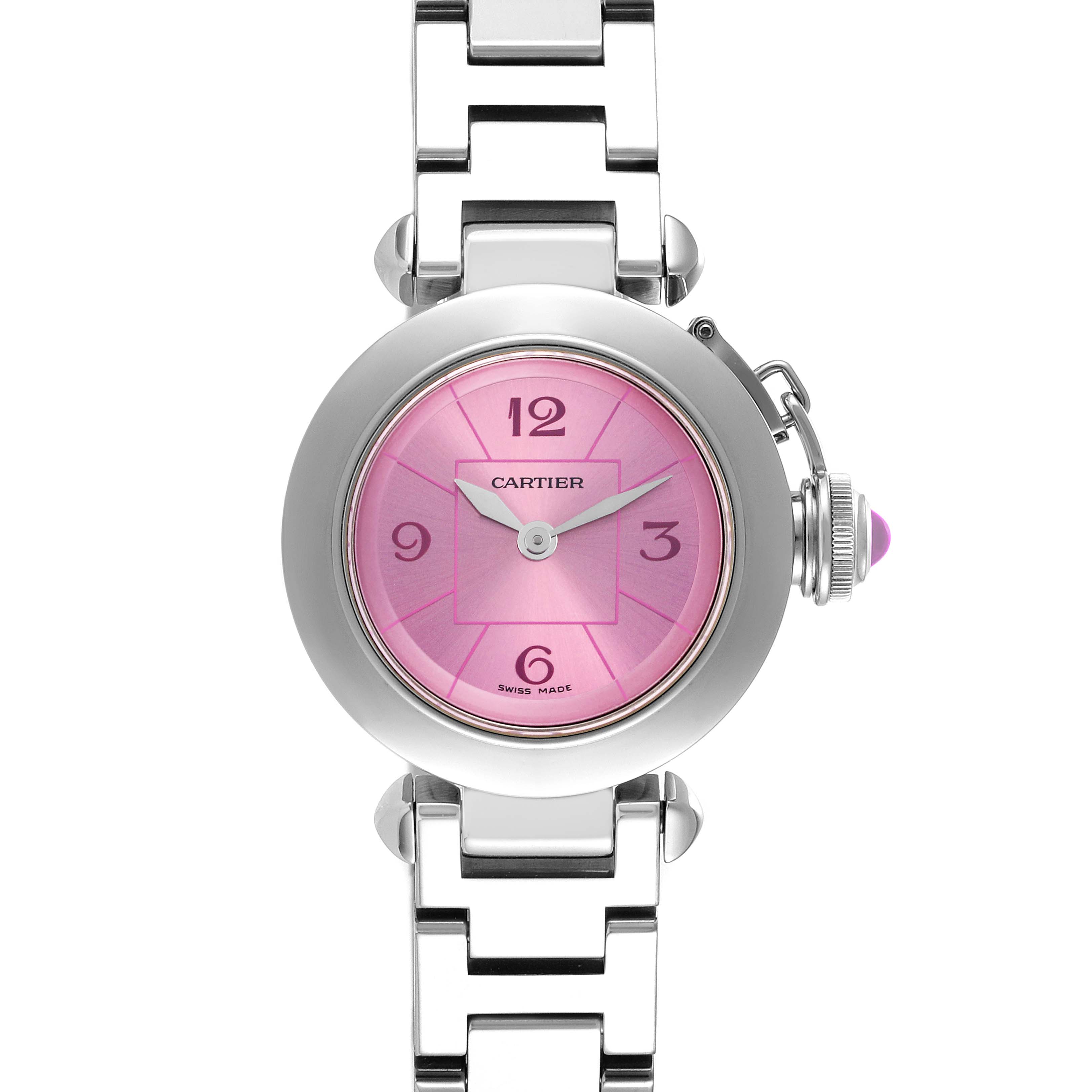 The Cartier Pasha W3140023 Women
s Stainless Steel Pink Dial W3140023 Women
s Stainless Steel Pink Dial watch is shown from the front, highlighting its pink dial and silver metal bracelet.
