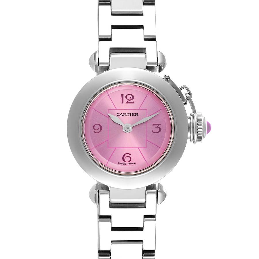 The Cartier Pasha watch is shown from the front, highlighting its pink dial and silver metal bracelet.