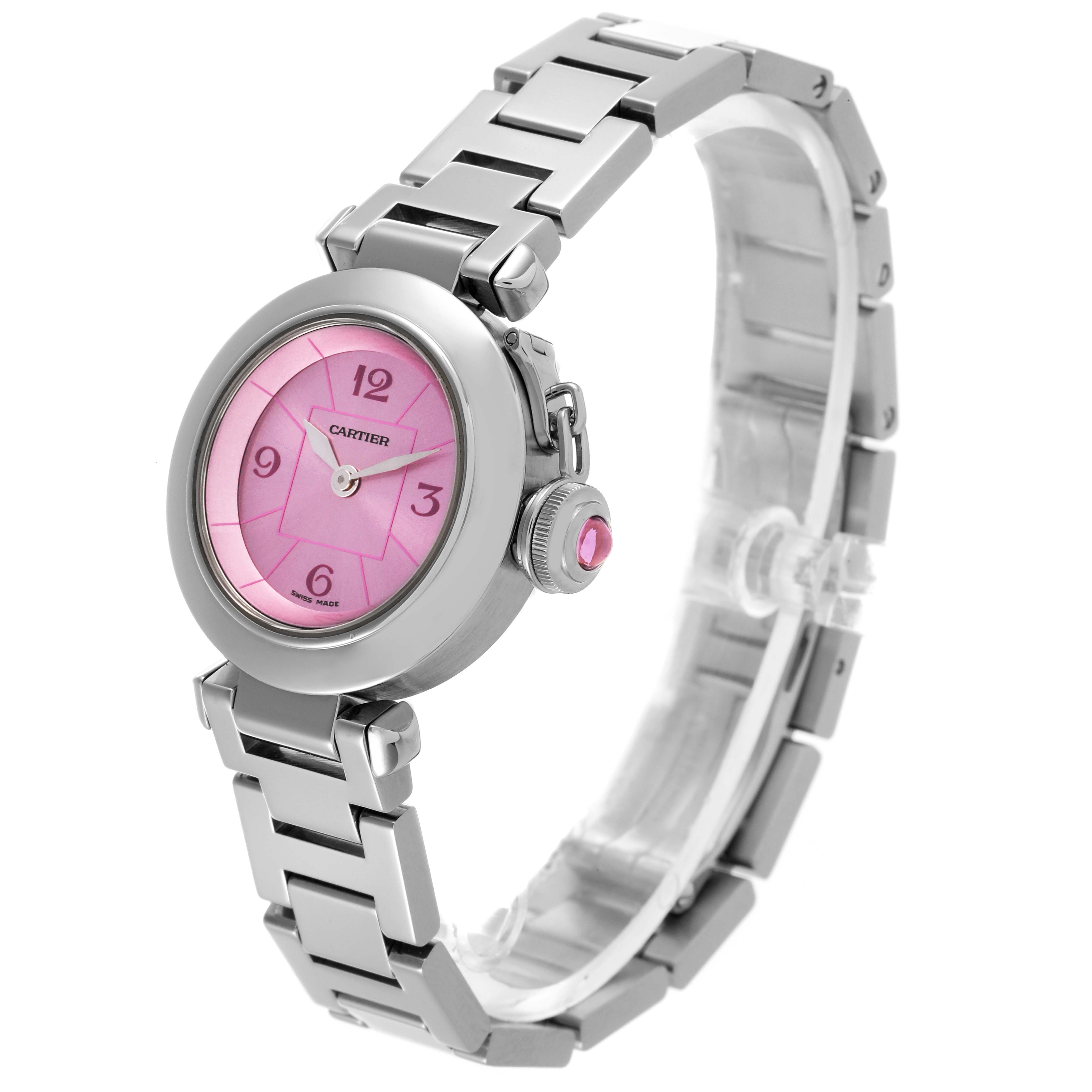 The Cartier Pasha W3140023 Women
s Stainless Steel Pink Dial W3140023 Women
s Stainless Steel Pink Dial watch is shown from a front-left angle, highlighting the pink dial, crown, and stainless steel bracelet.