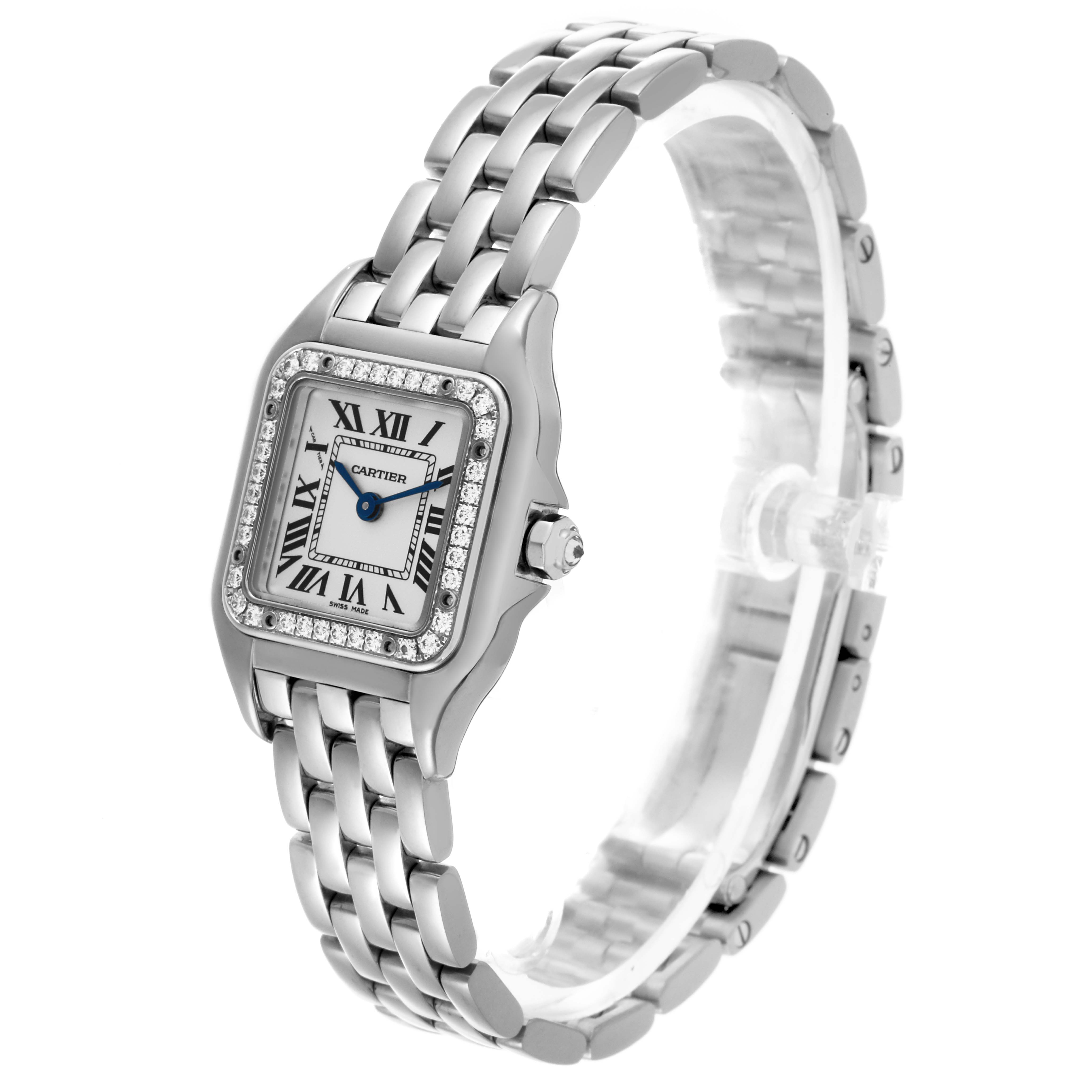 The Cartier Panthere WJPN0006 Women's White Gold Silver Dial WJPN0006 Women's White Gold Silver Dial watch is shown at a slight angle, displaying the face, bezel, bracelet, and crown.