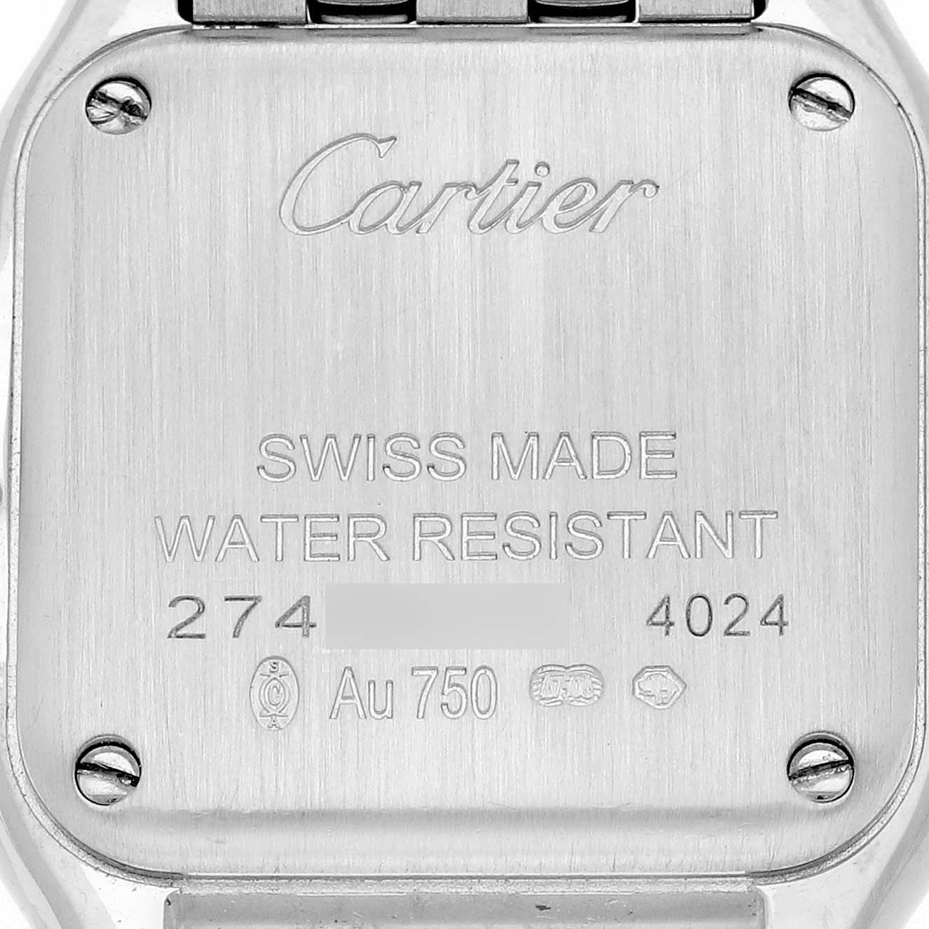 The image shows the back casing of the Cartier Panthère watch, displaying branding and specifications.
