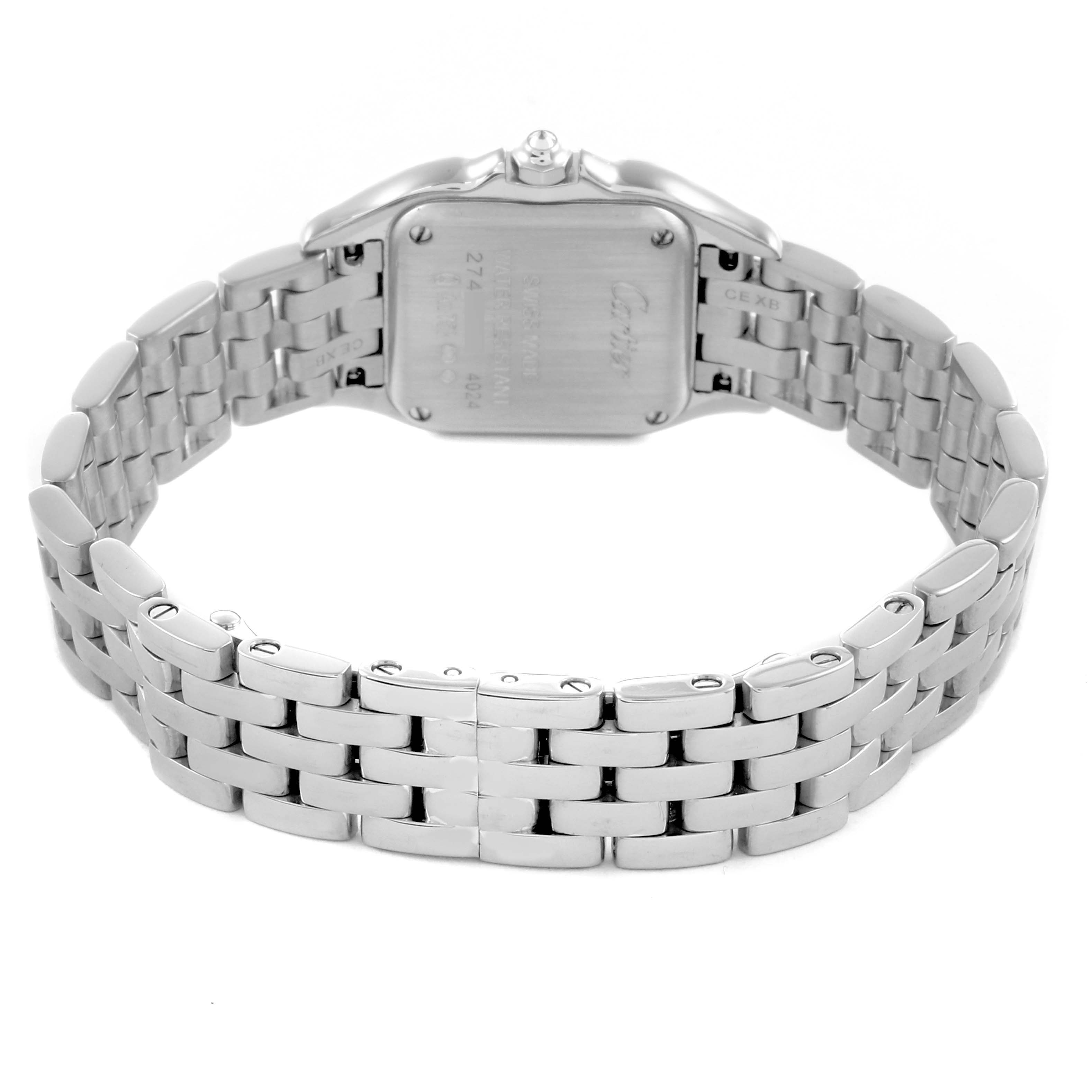 The Cartier Panthere WJPN0006 Women's White Gold Silver Dial WJPN0006 Women's White Gold Silver Dial watch is shown from the back, displaying its case back and metal bracelet.