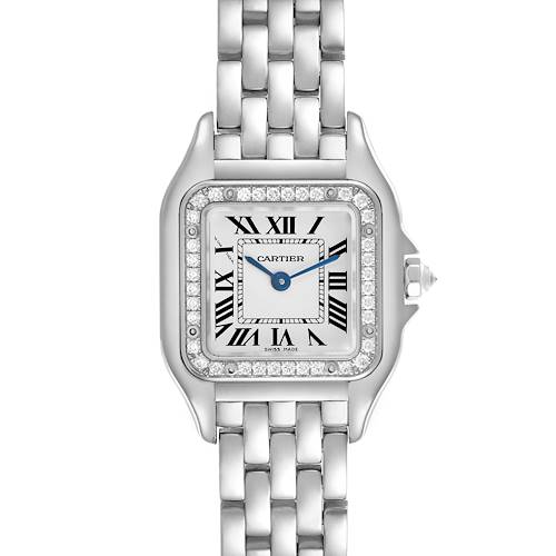 The Cartier Panthere watch is shown from the front, displaying its dial, bezel, and part of the bracelet.