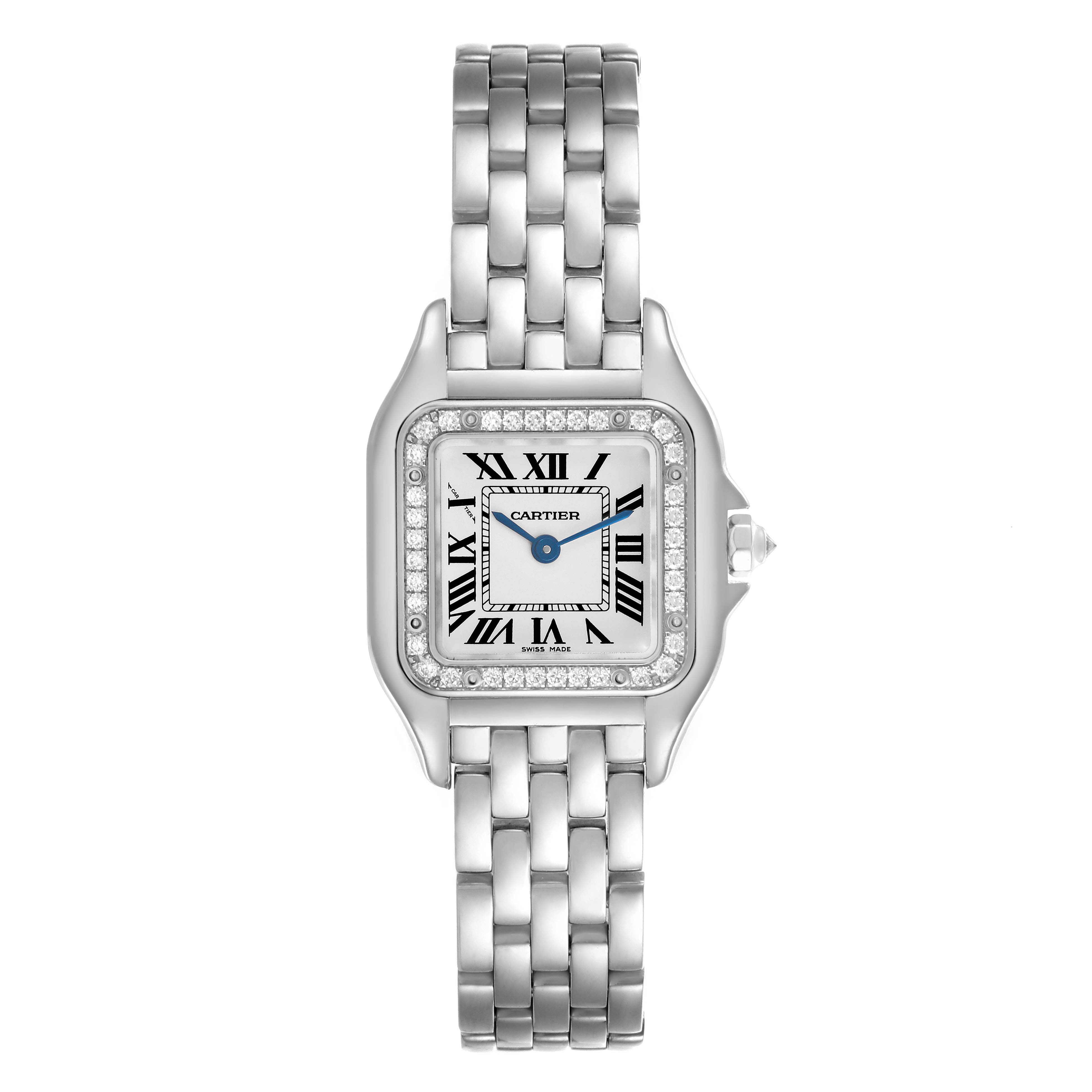 The Cartier Panthere WJPN0006 Women's White Gold Silver Dial WJPN0006 Women's White Gold Silver Dial watch is shown from the front, highlighting its square face, Roman numerals, and linked bracelet.
