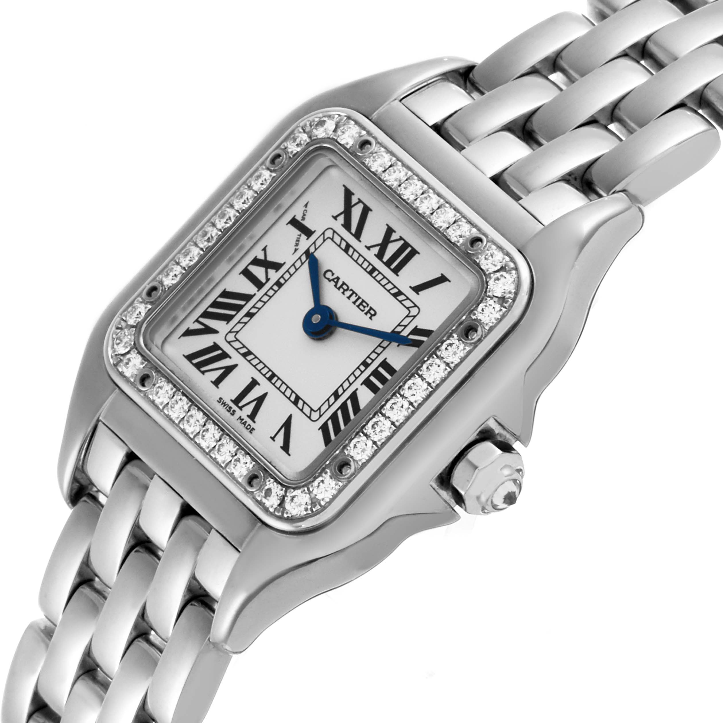 The Cartier Panthère watch is shown at an angled close-up, highlighting the face, bezel, crown, and part of the bracelet.