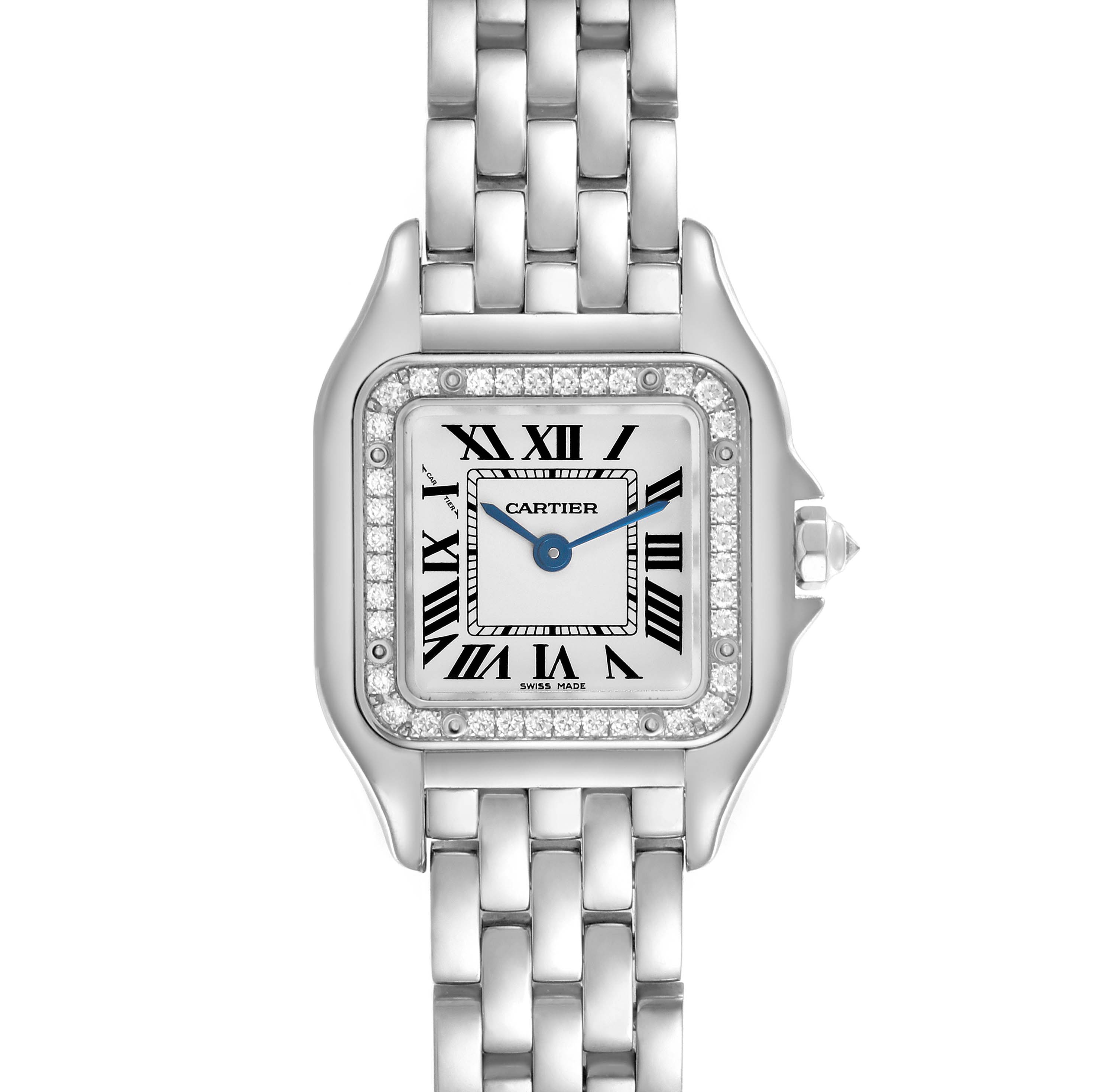 The Cartier Panthere WJPN0006 Women's White Gold Silver Dial WJPN0006 Women's White Gold Silver Dial watch is shown from a front angle, featuring a jeweled bezel, Roman numerals, and a linked bracelet.