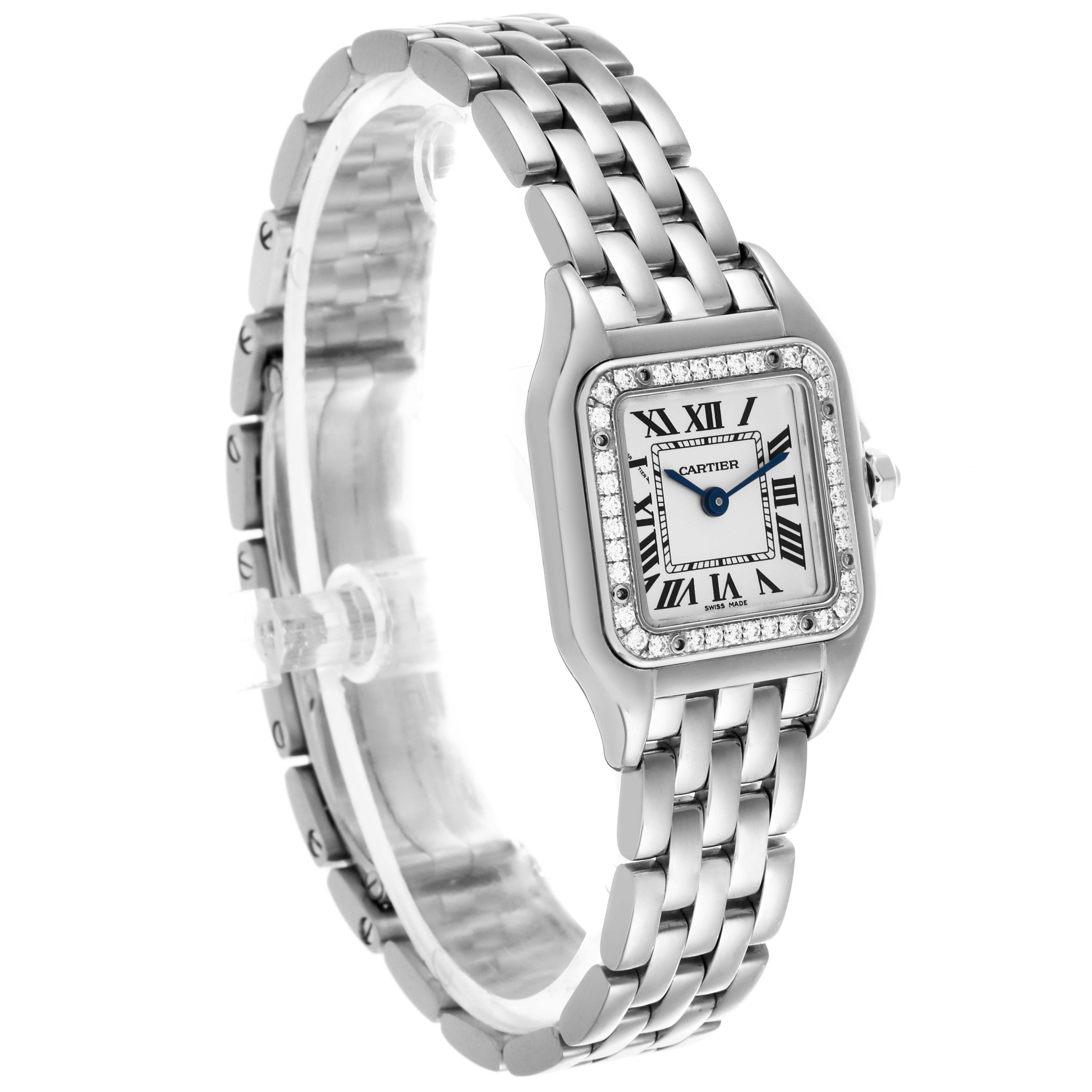 The Cartier Panthere WJPN0006 Women's White Gold Silver Dial WJPN0006 Women's White Gold Silver Dial watch is shown at an angled view, displaying its face, bezel, and bracelet.