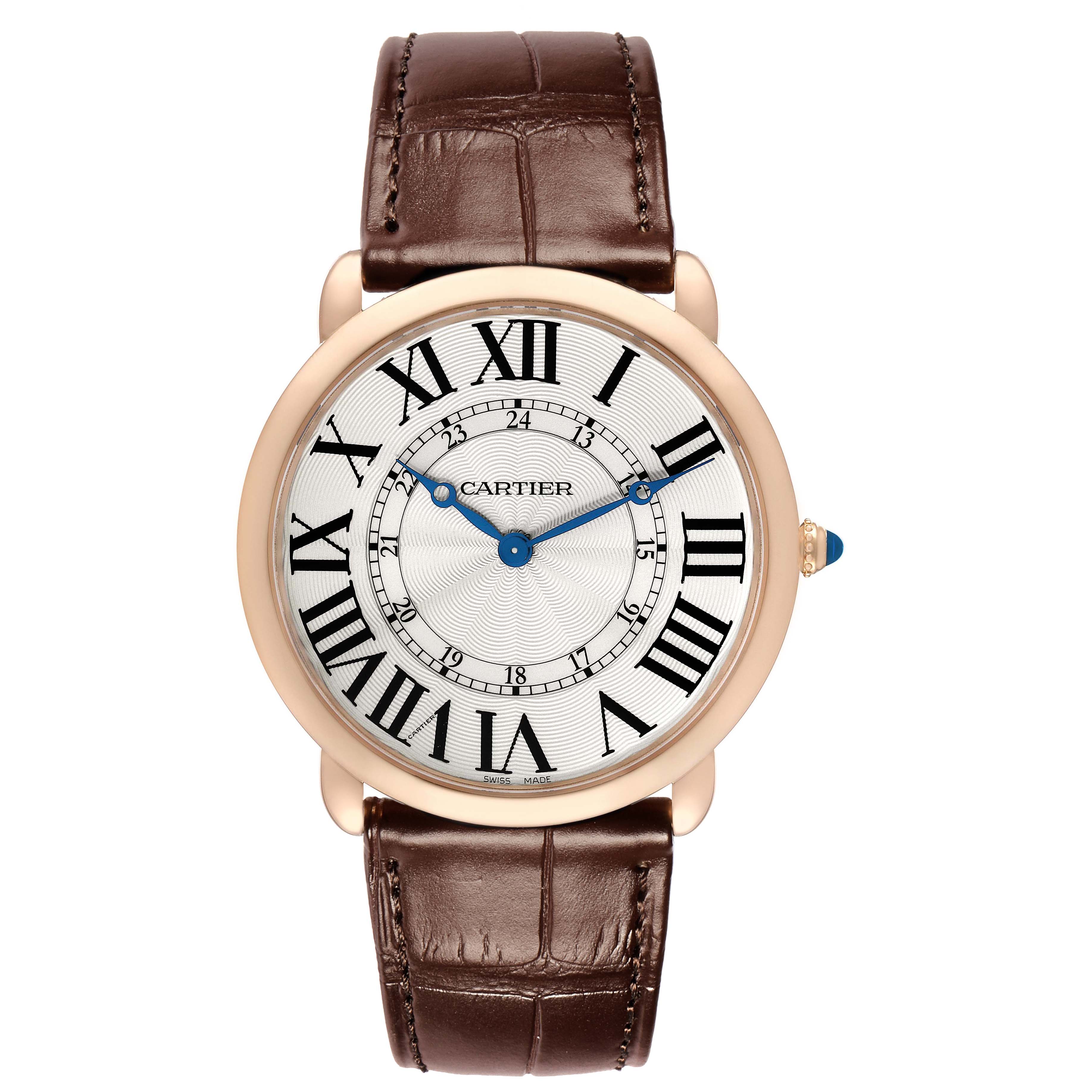 The image shows a front view of a Cartier Ronde W6801004 Men's Rose Gold Silver Dial watch, featuring a brown leather strap, Roman numerals, and a round gold case.