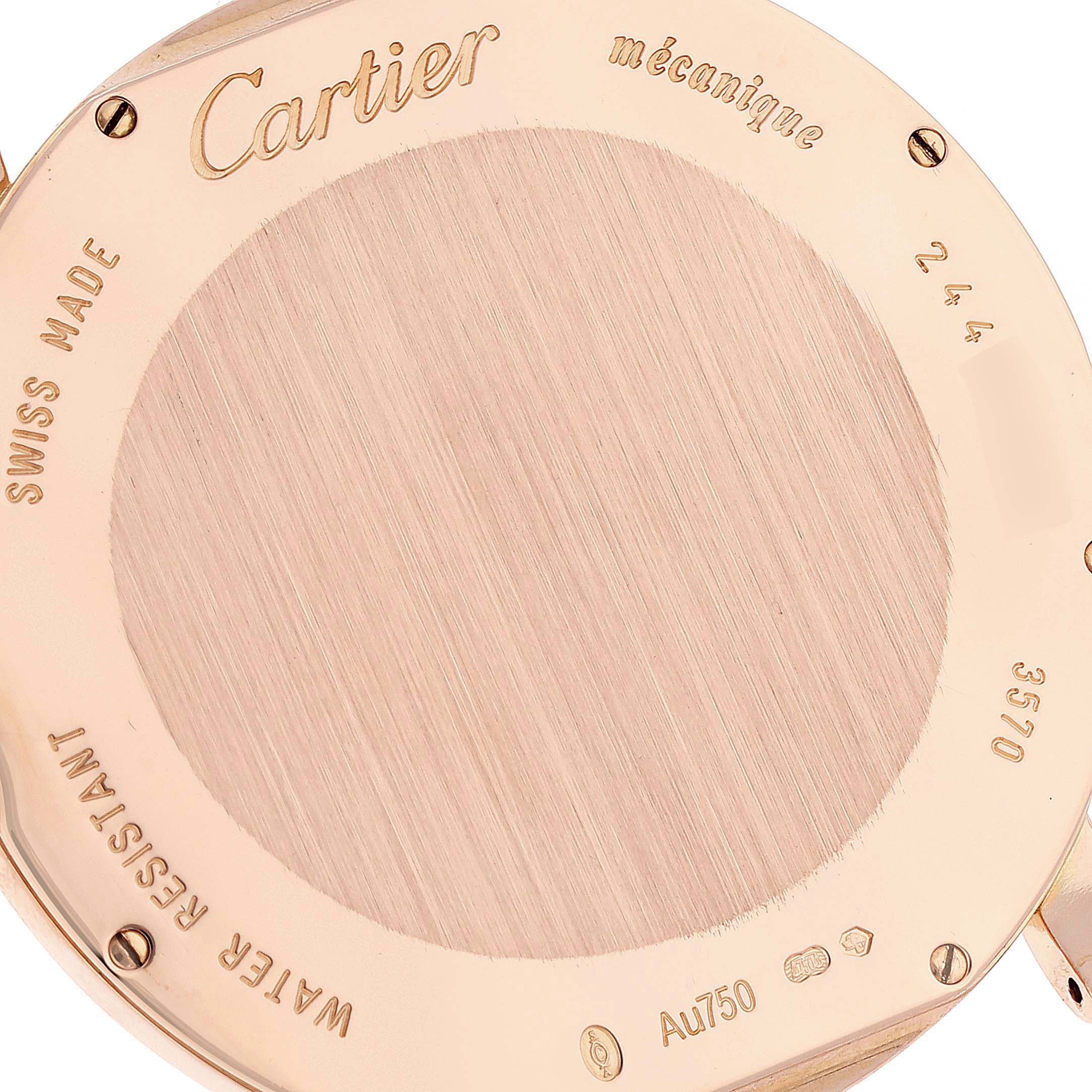 The image shows the back cover of a Cartier Ronde W6801004 Men's Rose Gold Silver Dial W6801004 Men's Rose Gold Silver Dial watch, highlighting brand engravings and materials.