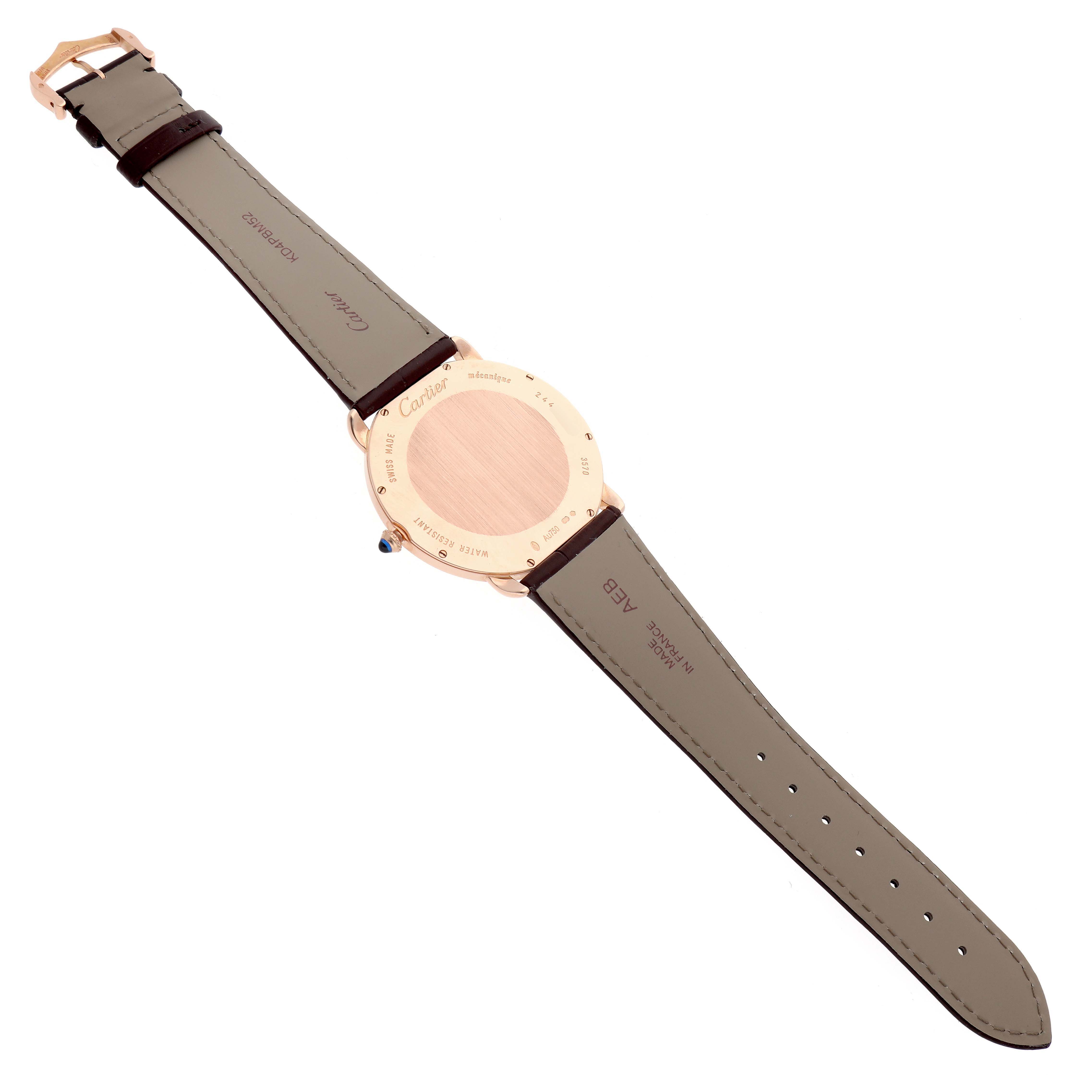 The Cartier Ronde W6801004 Men's Rose Gold Silver Dial watch is shown from the back, displaying the case, strap, and buckle.