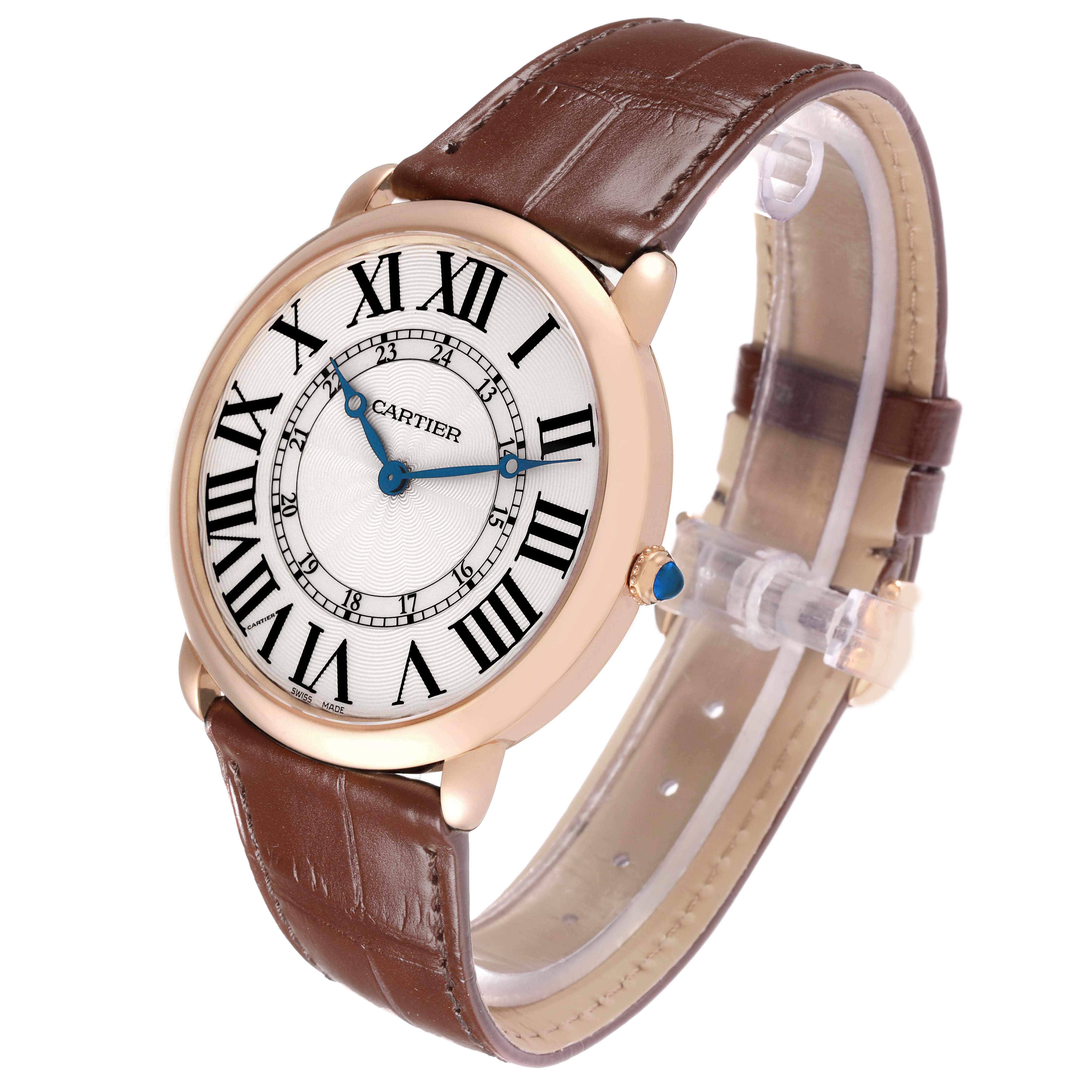 The Cartier Ronde W6801004 Men's Rose Gold Silver Dial watch is shown at a slight angle displaying the face, bezel, and leather strap.