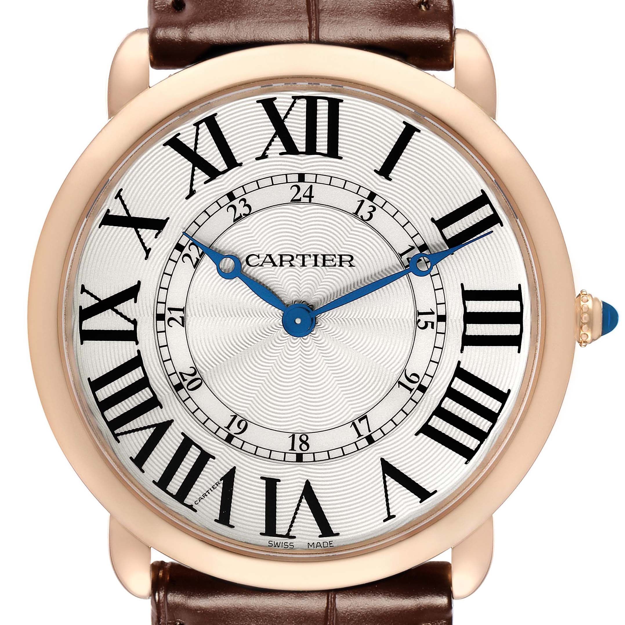 The Cartier Ronde W6801004 Men's Rose Gold Silver Dial model is shown from the front, highlighting its gold case, Roman numerals, blue hands, and leather strap.
