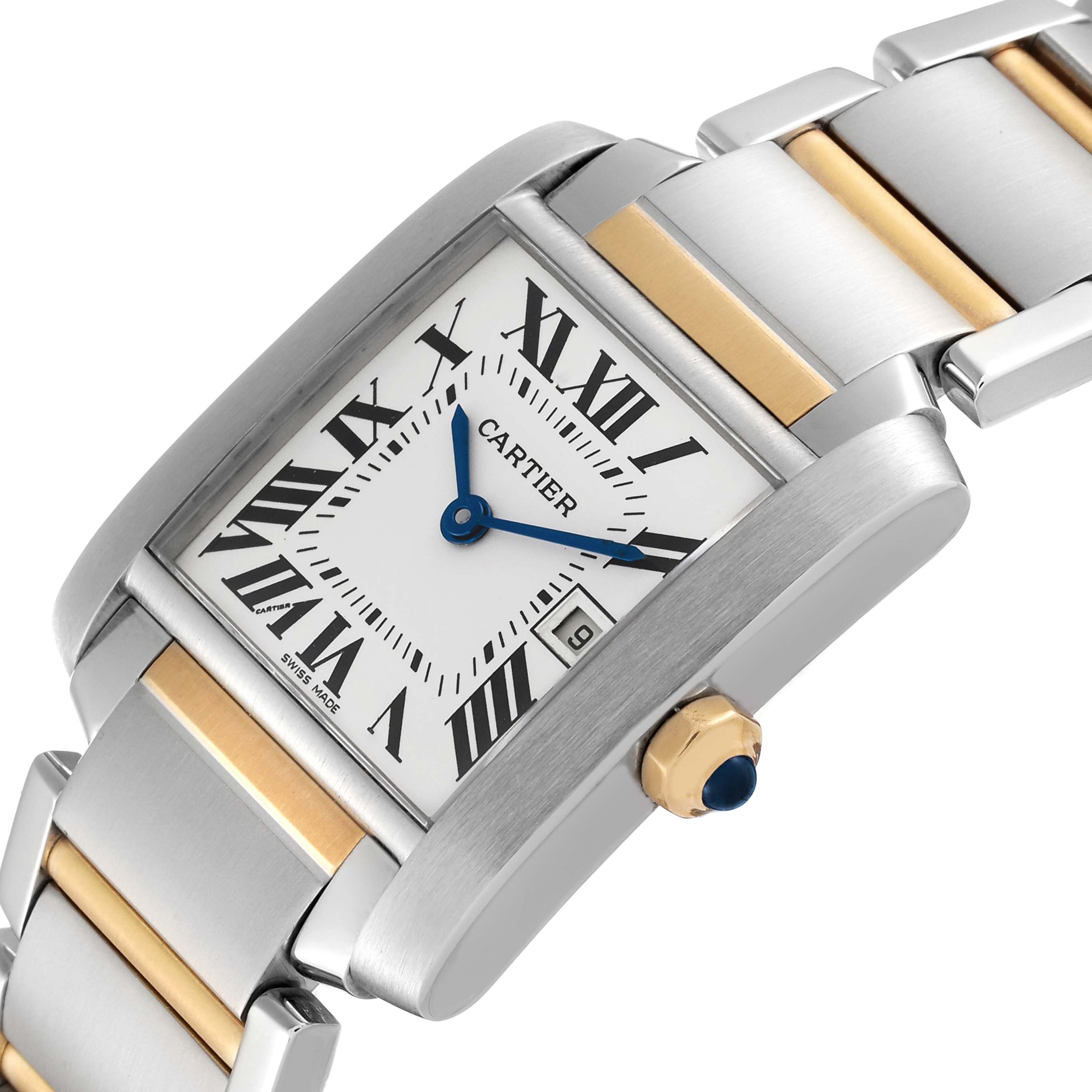 The angled view shows the face, bracelet, and crown of the Cartier Tank Francaise W51012Q4 Women
s Steel and Gold (two tone) Silver Dial W51012Q4 Women
s Steel and Gold (two tone) Silver Dial watch.