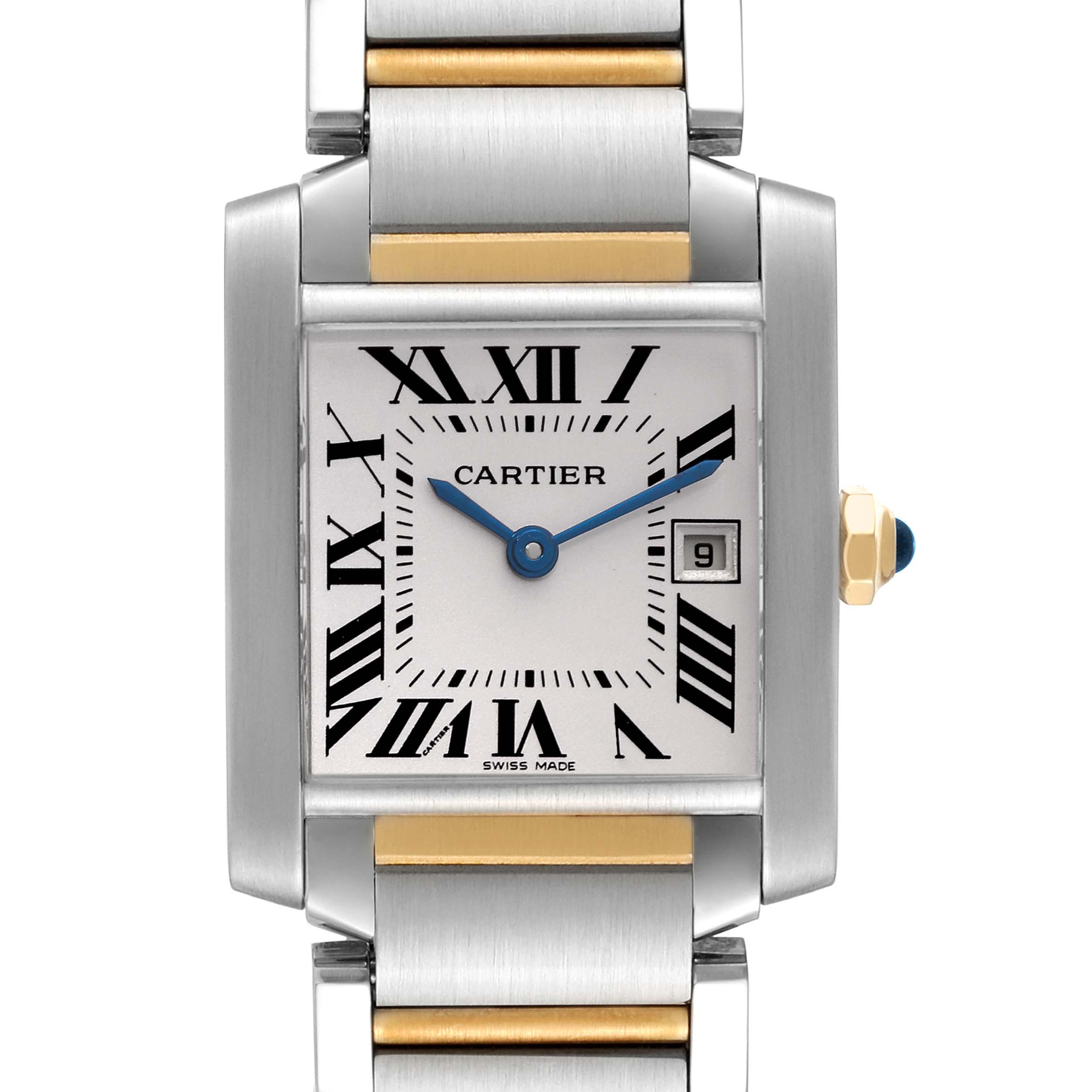 The image shows a front view of the Cartier Tank Francaise W51012Q4 Women
s Steel and Gold (two tone) Silver Dial W51012Q4 Women
s Steel and Gold (two tone) Silver Dial watch, highlighting its dial, casing, and part of its metal bracelet.
