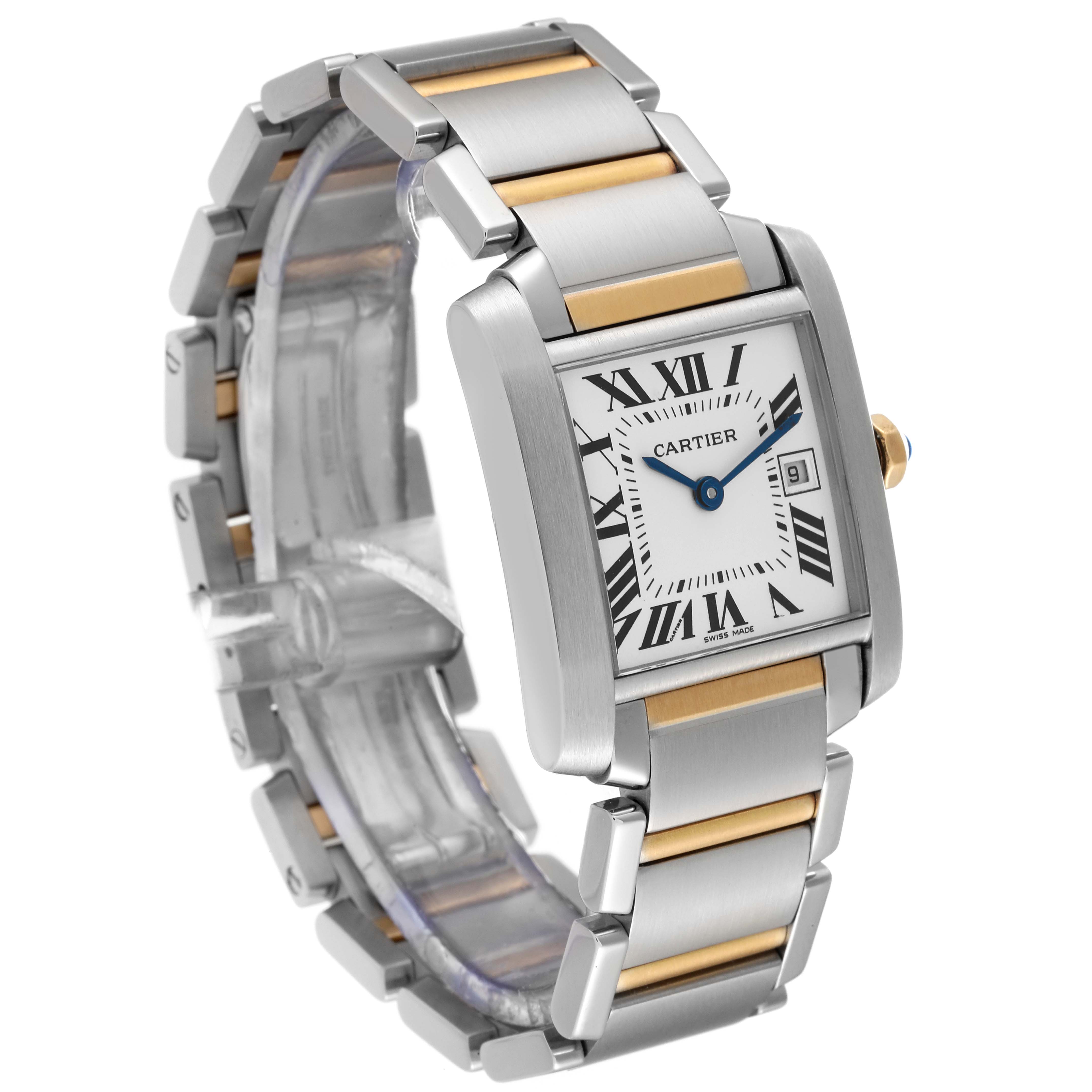 The Cartier Tank Francaise W51012Q4 Women
s Steel and Gold (two tone) Silver Dial W51012Q4 Women
s Steel and Gold (two tone) Silver Dial watch is shown at a three-quarter angle, highlighting the face, bezel, and bracelet.