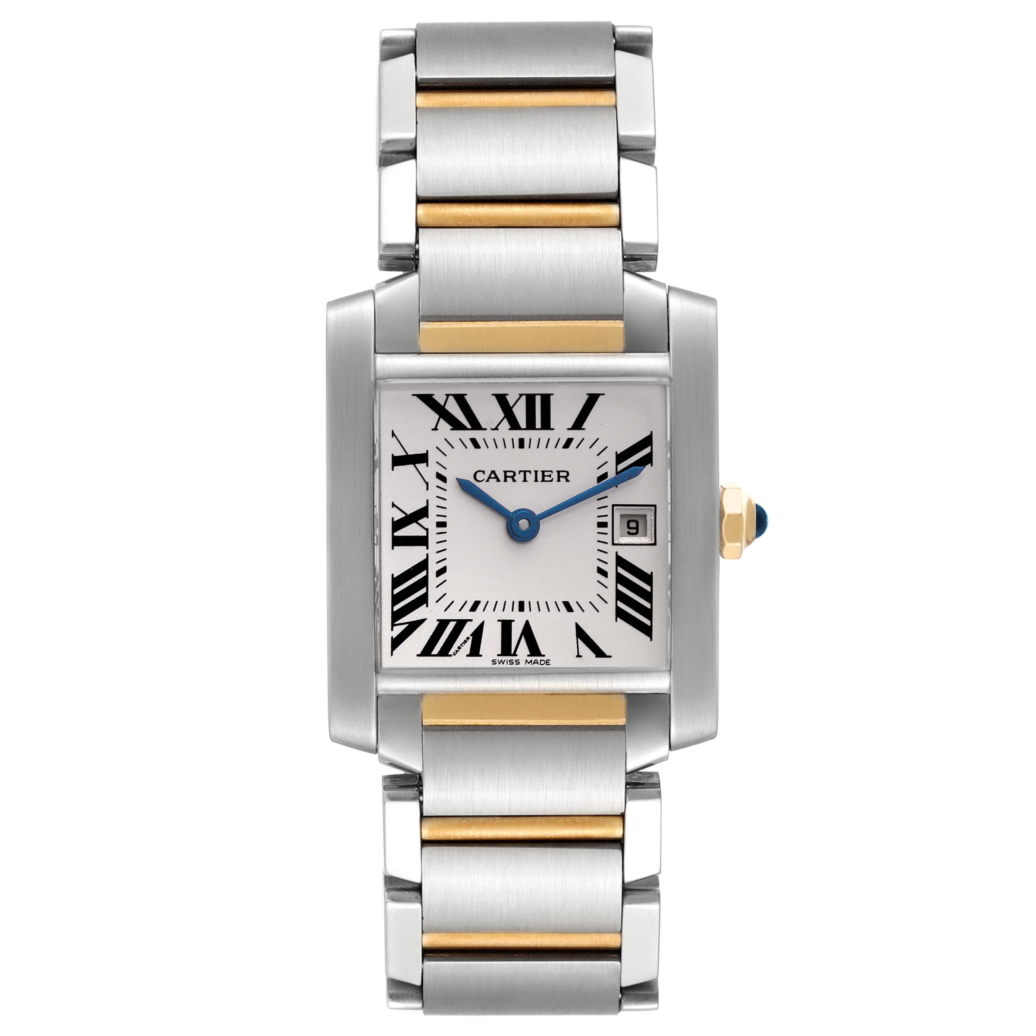 The image shows a front view of a Cartier Tank Francaise W51012Q4 Women
s Steel and Gold (two tone) Silver Dial W51012Q4 Women
s Steel and Gold (two tone) Silver Dial watch, displaying the face, bezel, and bracelet with Roman numeral markers.