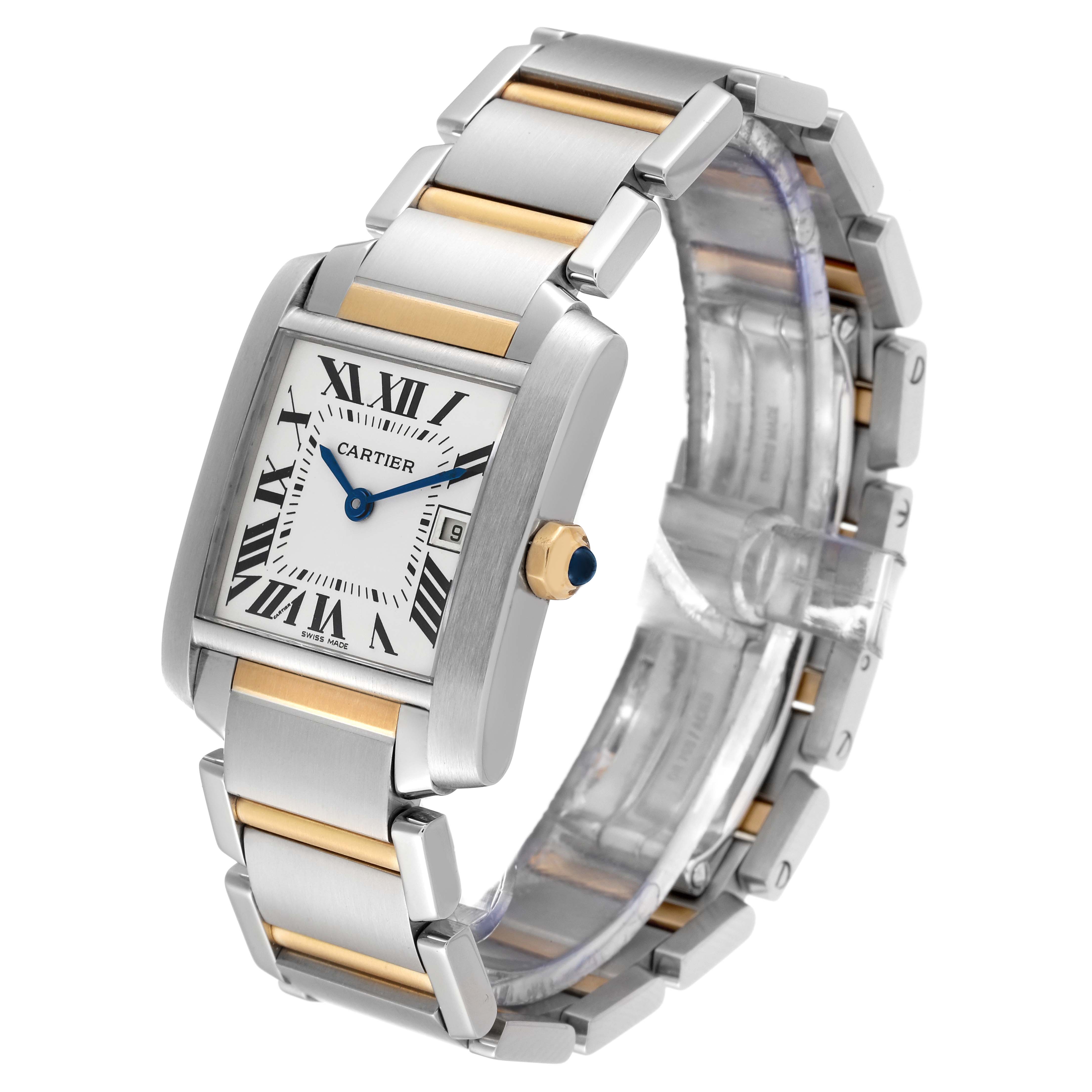 The image showcases a Tank Française model watch by Cartier, viewed from a front angled perspective displaying the face and bracelet.