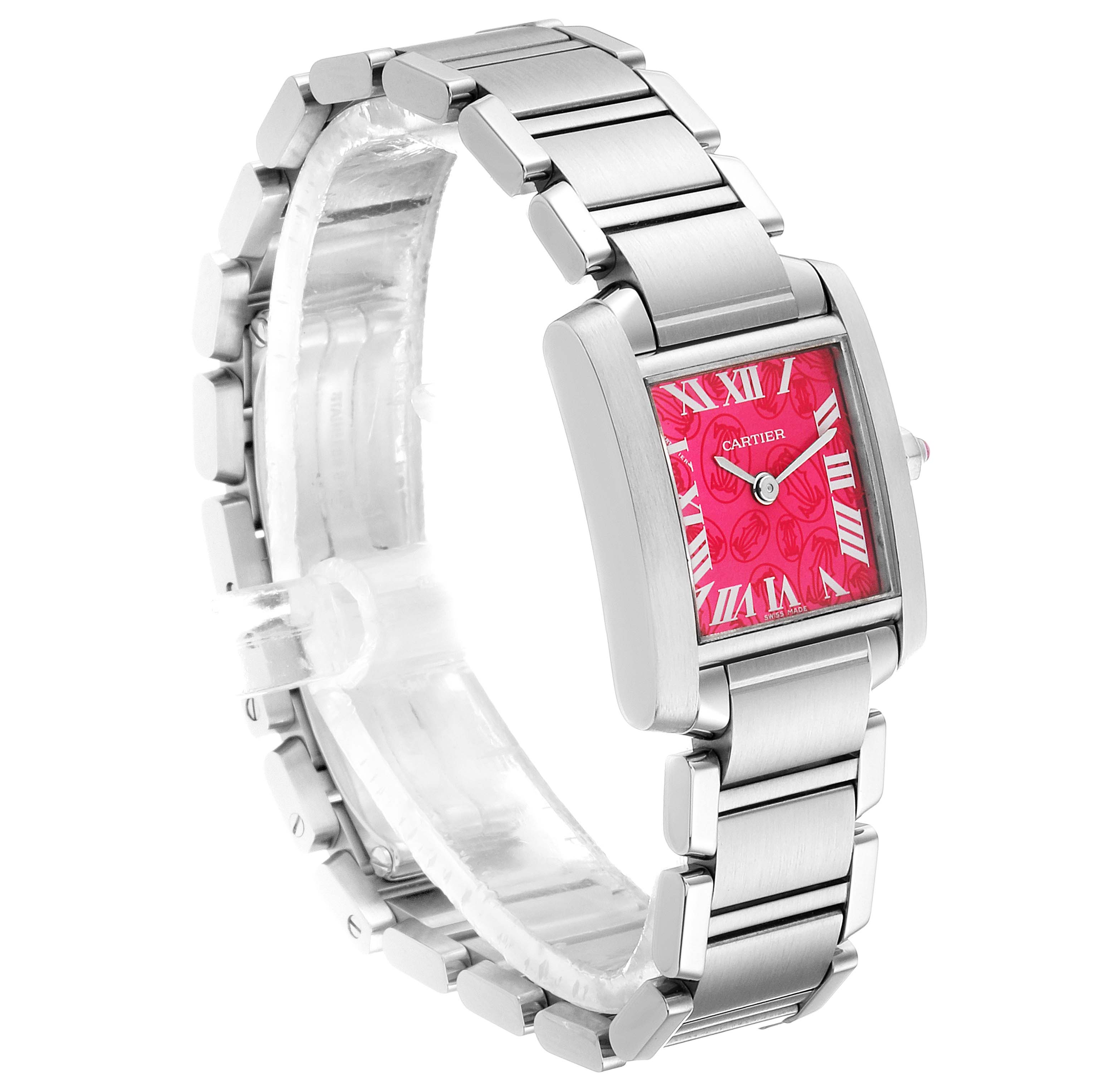 The Cartier Tank Francaise W51030Q3 Women's Stainless Steel White Dial W51030Q3 Women's Stainless Steel White Dial watch is shown at a slight side angle, displaying its stainless steel bracelet and pink dial.