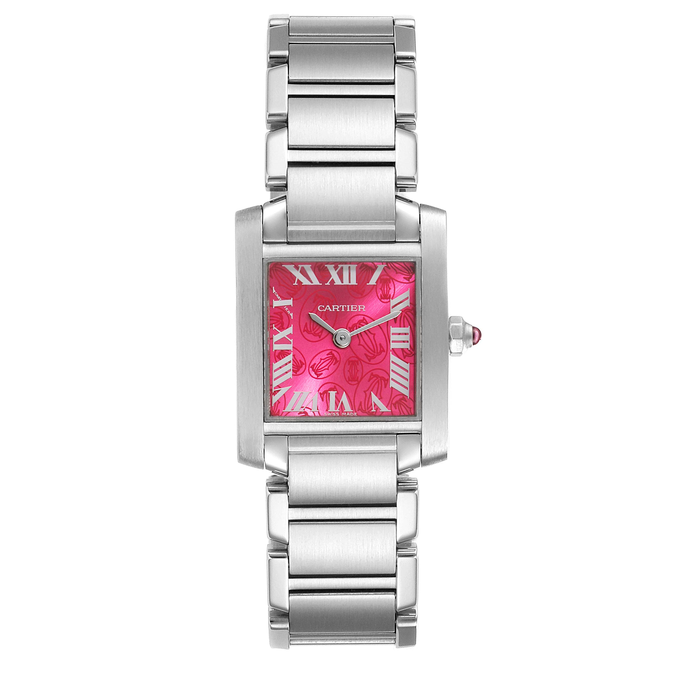 The image shows a Cartier Tank Française watch from a front angle, highlighting its metal bracelet and pink dial with Roman numerals.