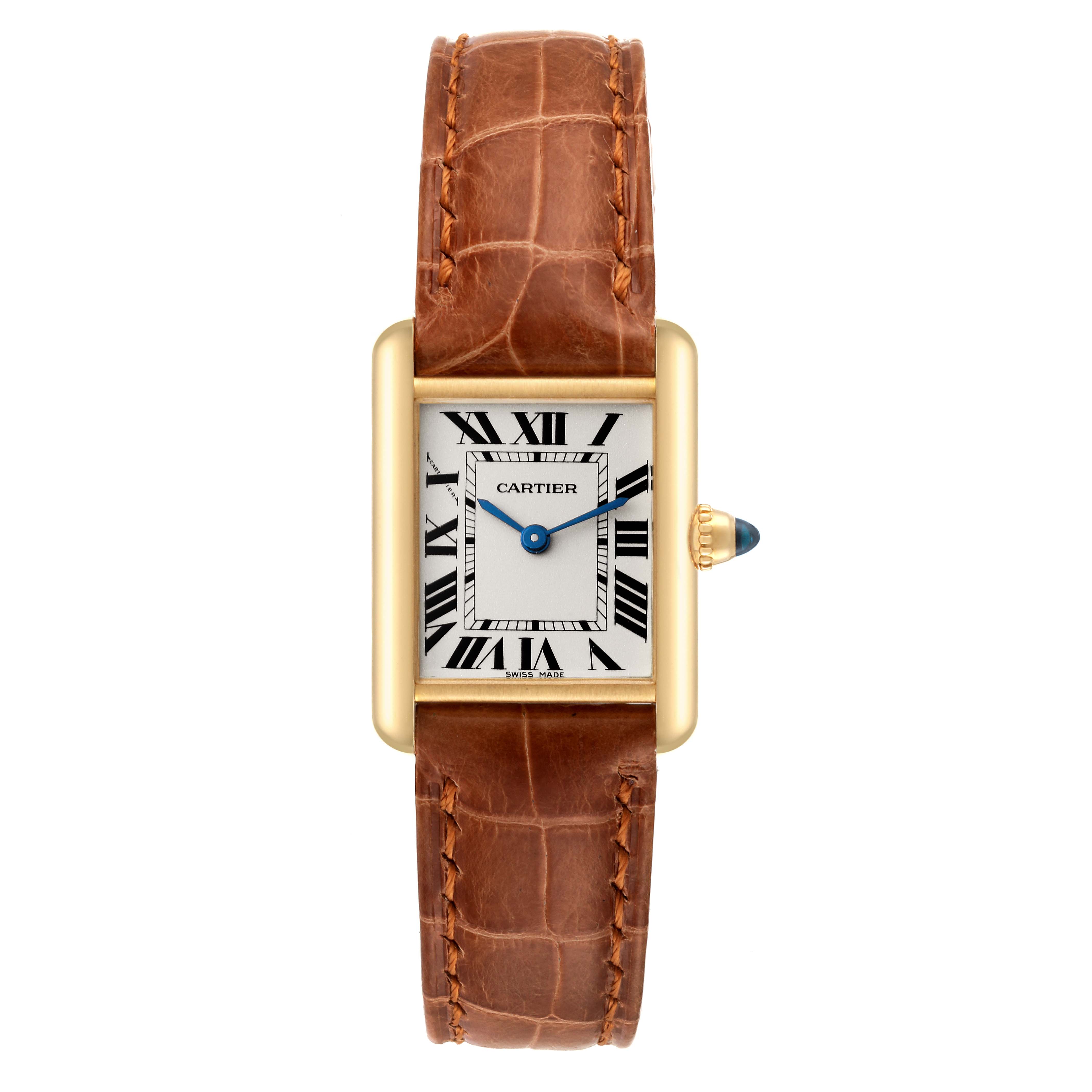 The image shows a front view of the Cartier Tank Louis W1529856 Women's Yellow Gold Silver Dial W1529856 Women's Yellow Gold Silver Dial watch, displaying its brown leather strap, rectangular gold case, and Roman numeral dial.