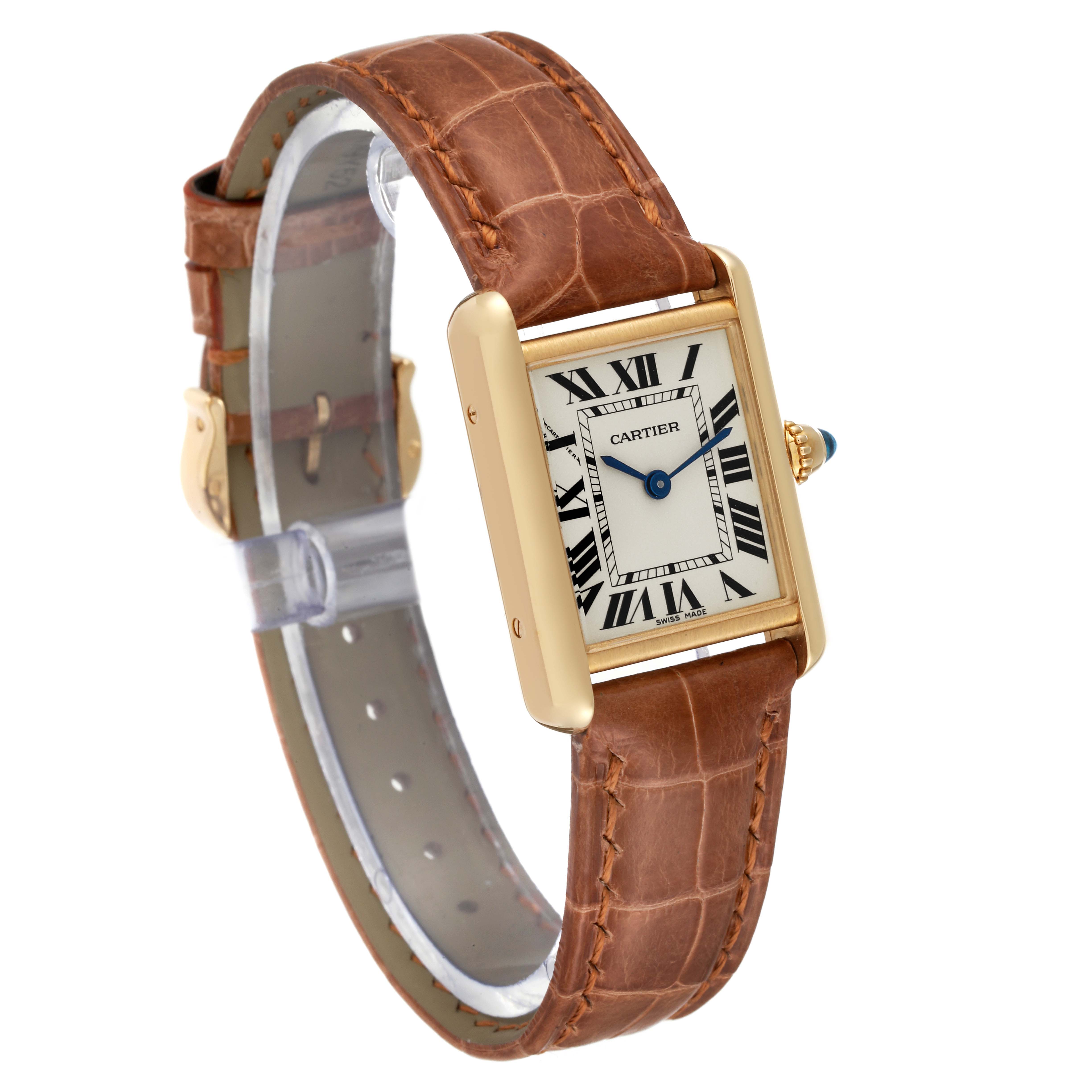 The image shows a Cartier Tank Louis W1529856 Women's Yellow Gold Silver Dial W1529856 Women's Yellow Gold Silver Dial watch angled to display its rectangular dial, gold casing, and brown leather strap.
