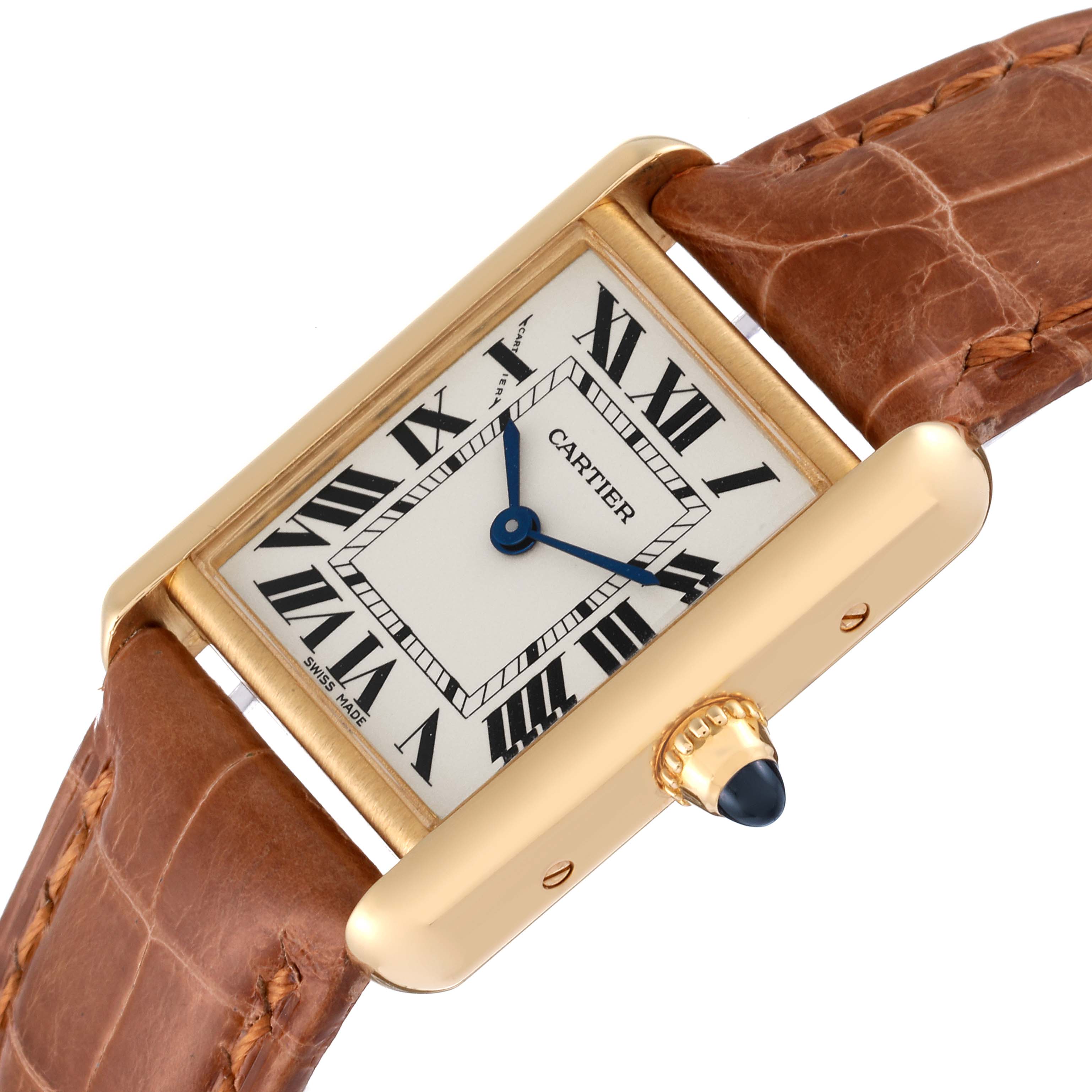 The Cartier Tank Louis W1529856 Women's Yellow Gold Silver Dial W1529856 Women's Yellow Gold Silver Dial watch is shown at an angle, highlighting its face, Roman numeral dial, gold case, and brown leather strap.