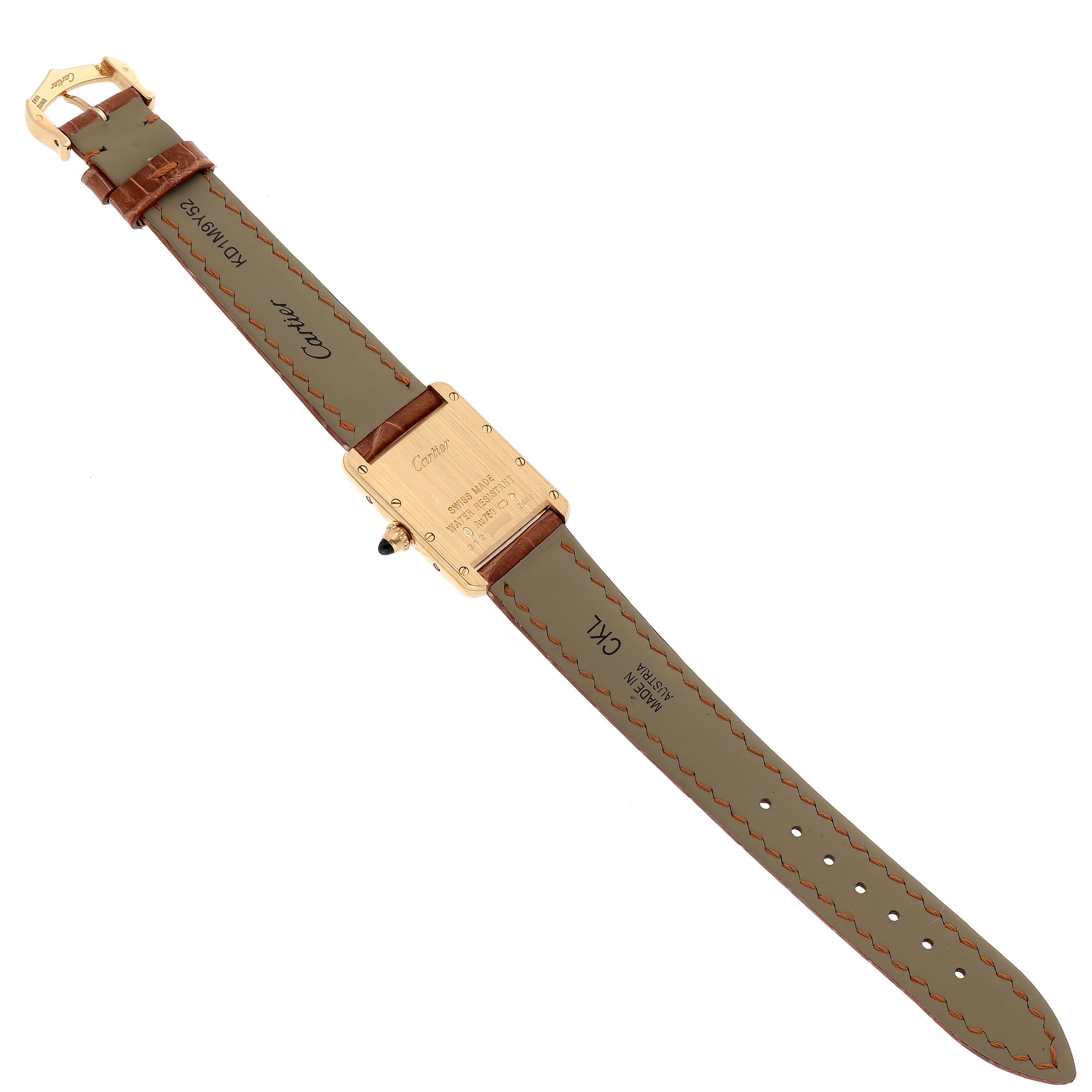 This image shows the back of the Cartier Tank Louis W1529856 Women's Yellow Gold Silver Dial W1529856 Women's Yellow Gold Silver Dial watch, displaying the case back and the full leather strap.