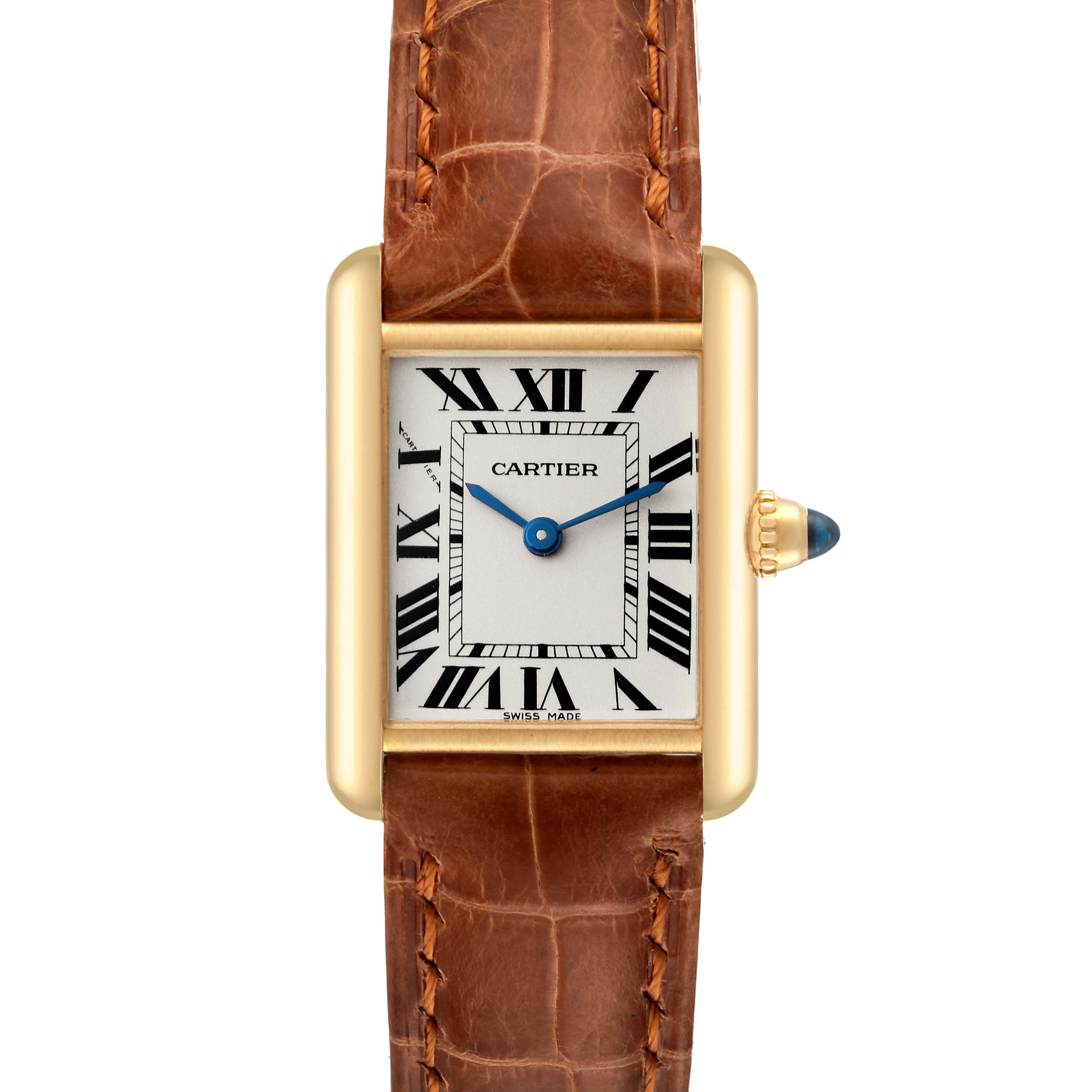 This image shows a frontal view of the Cartier Tank Louis W1529856 Women's Yellow Gold Silver Dial W1529856 Women's Yellow Gold Silver Dial watch, highlighting its rectangular gold case, Roman numeral dial, and brown leather strap.
