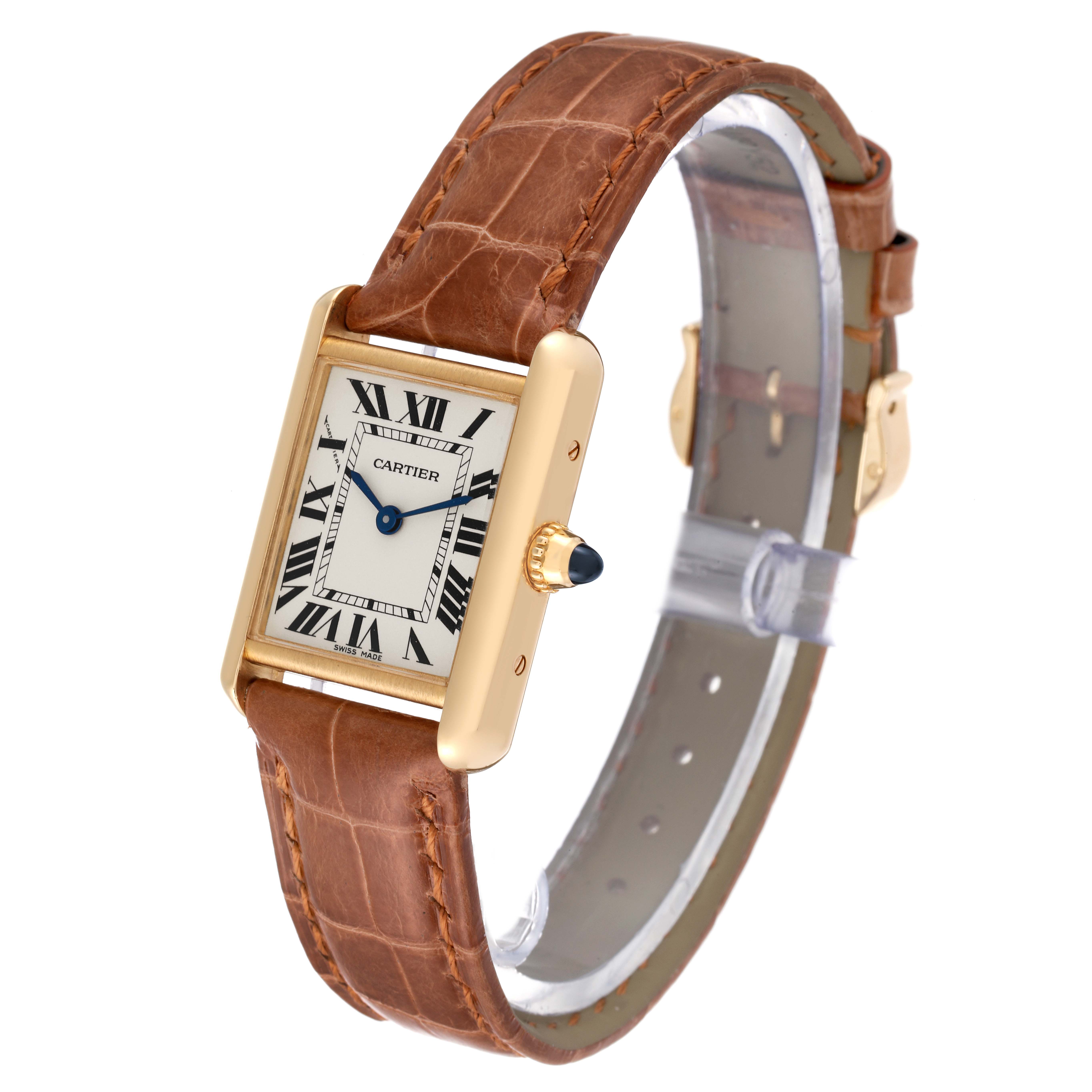The image shows a Cartier Tank Louis W1529856 Women's Yellow Gold Silver Dial W1529856 Women's Yellow Gold Silver Dial watch at a slight angle, displaying its rectangular face, crown, and brown leather strap.