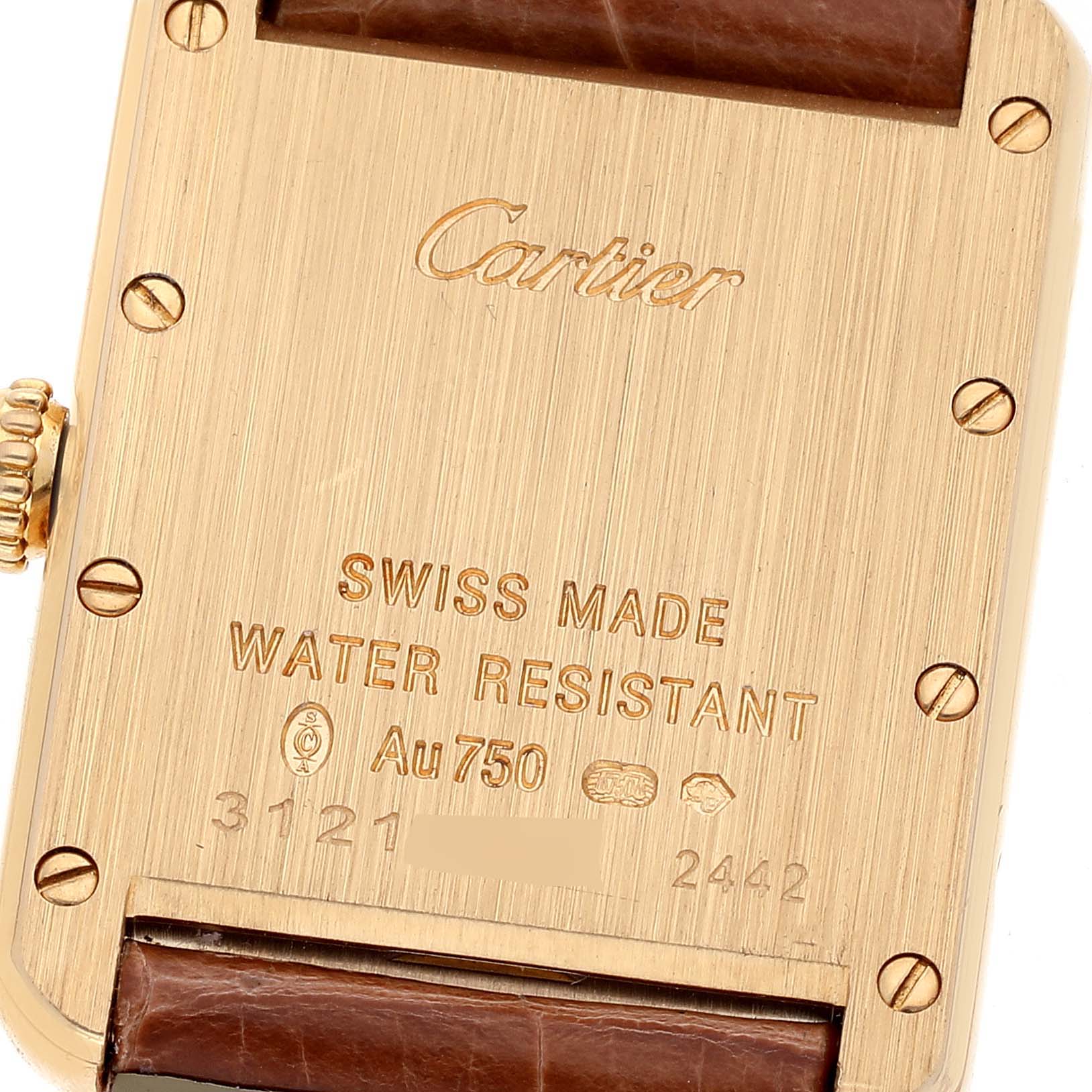The image shows the back case of a Cartier Tank Louis W1529856 Women's Yellow Gold Silver Dial W1529856 Women's Yellow Gold Silver Dial watch, highlighting its Swiss-made and water-resistant markings.