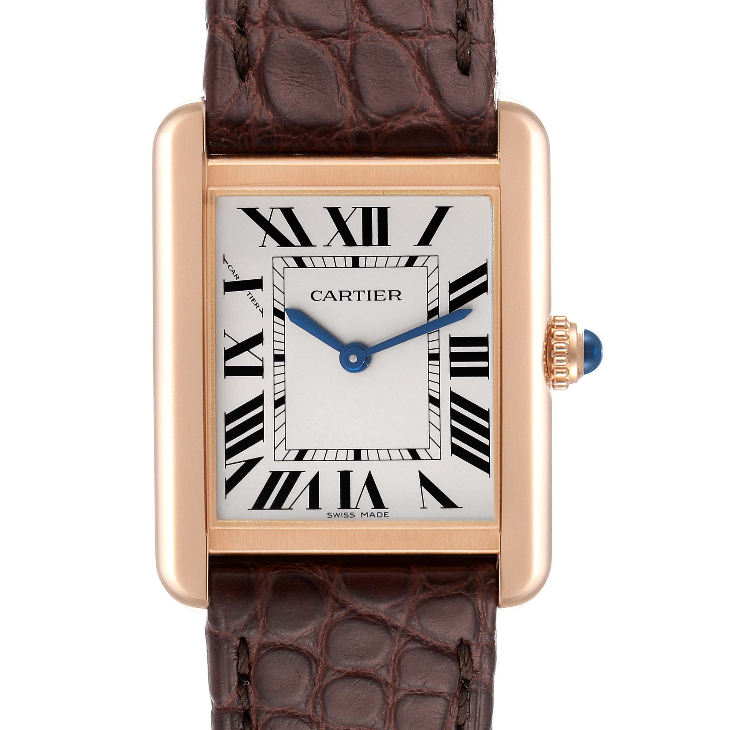 Front view of the Cartier Tank Solo W5200024 Women
s Rose Gold Silver Dial W5200024 Women
s Rose Gold Silver Dial watch showing its rectangular face, Roman numerals, blue hands, and brown leather strap.