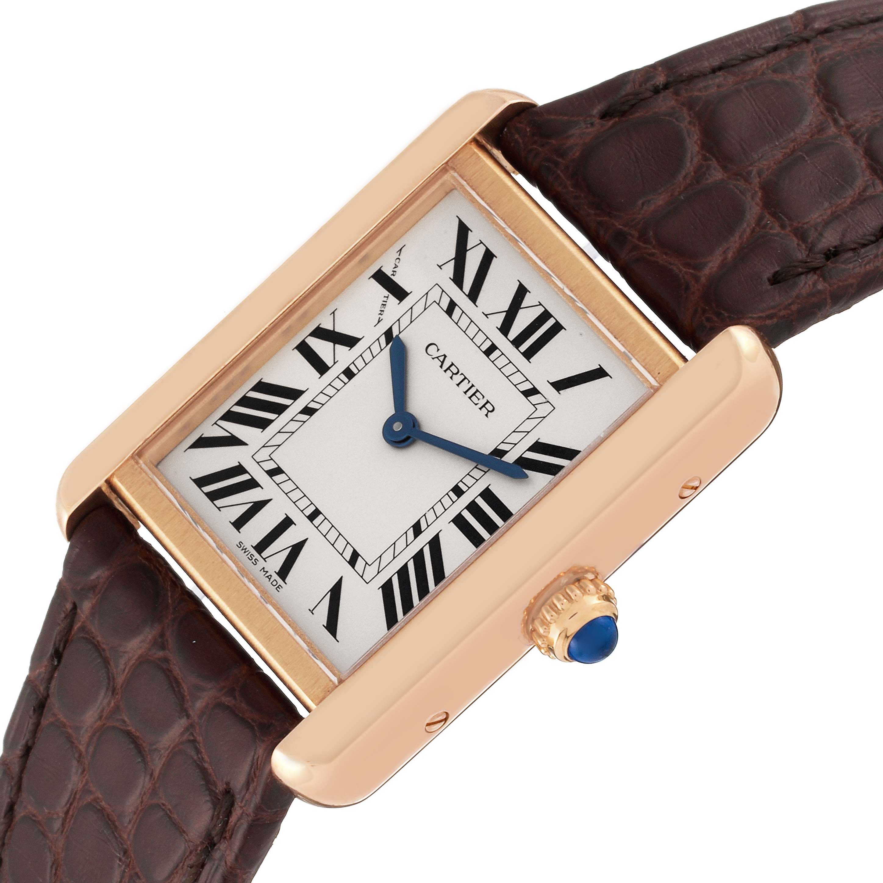 The Cartier Tank Solo W5200024 Women
s Rose Gold Silver Dial W5200024 Women
s Rose Gold Silver Dial watch is shown at an angle, highlighting its rectangular face, roman numerals, and brown leather strap.