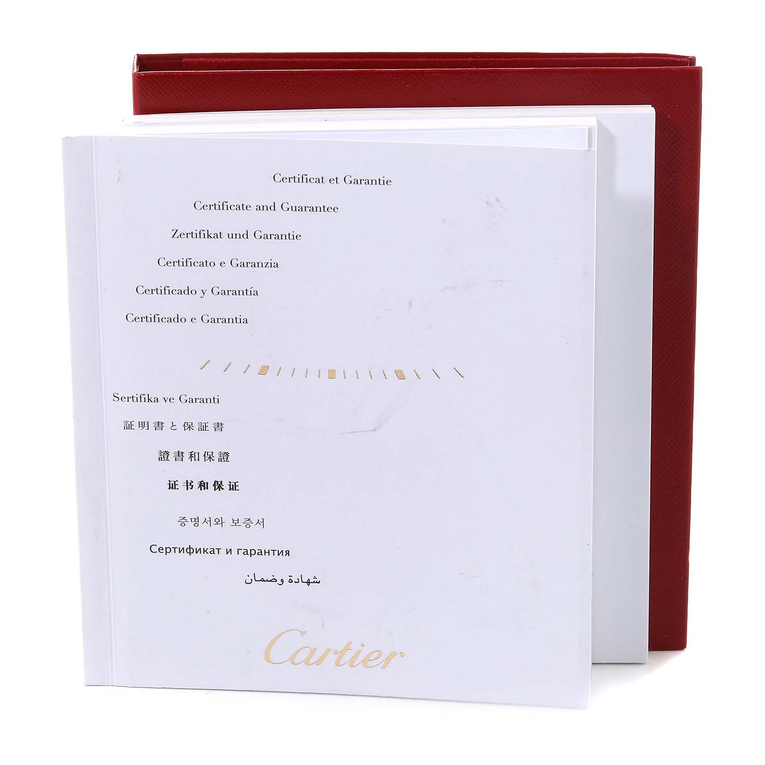 The image shows the certification and guarantee booklet for the Cartier Tank Solo W5200024 Women
s Rose Gold Silver Dial W5200024 Women
s Rose Gold Silver Dial watch, along with its red protective sleeve.