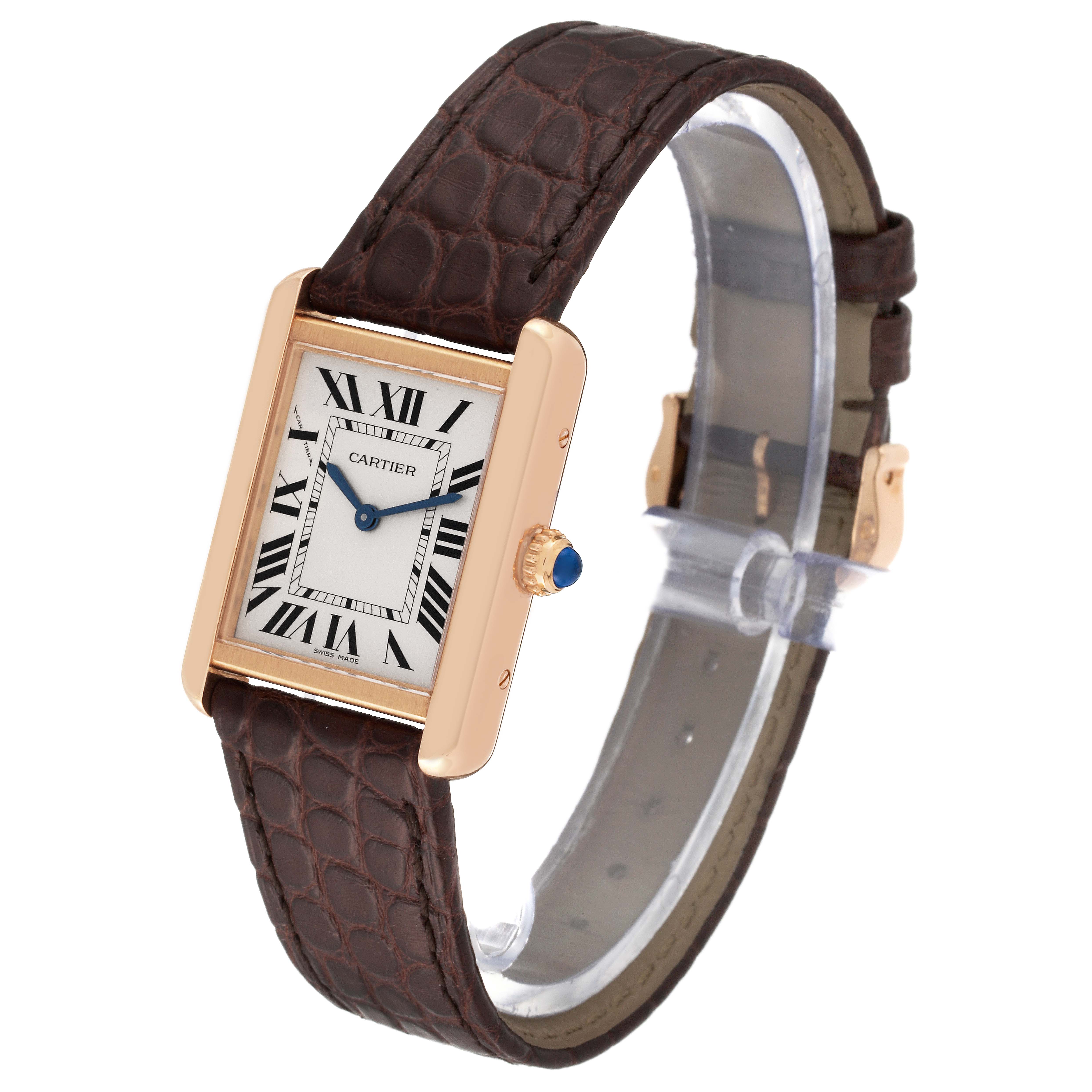 The image displays a Cartier Tank Solo W5200024 Women
s Rose Gold Silver Dial W5200024 Women
s Rose Gold Silver Dial watch at a three-quarter angle, showcasing its face, crown, leather strap, and buckle.