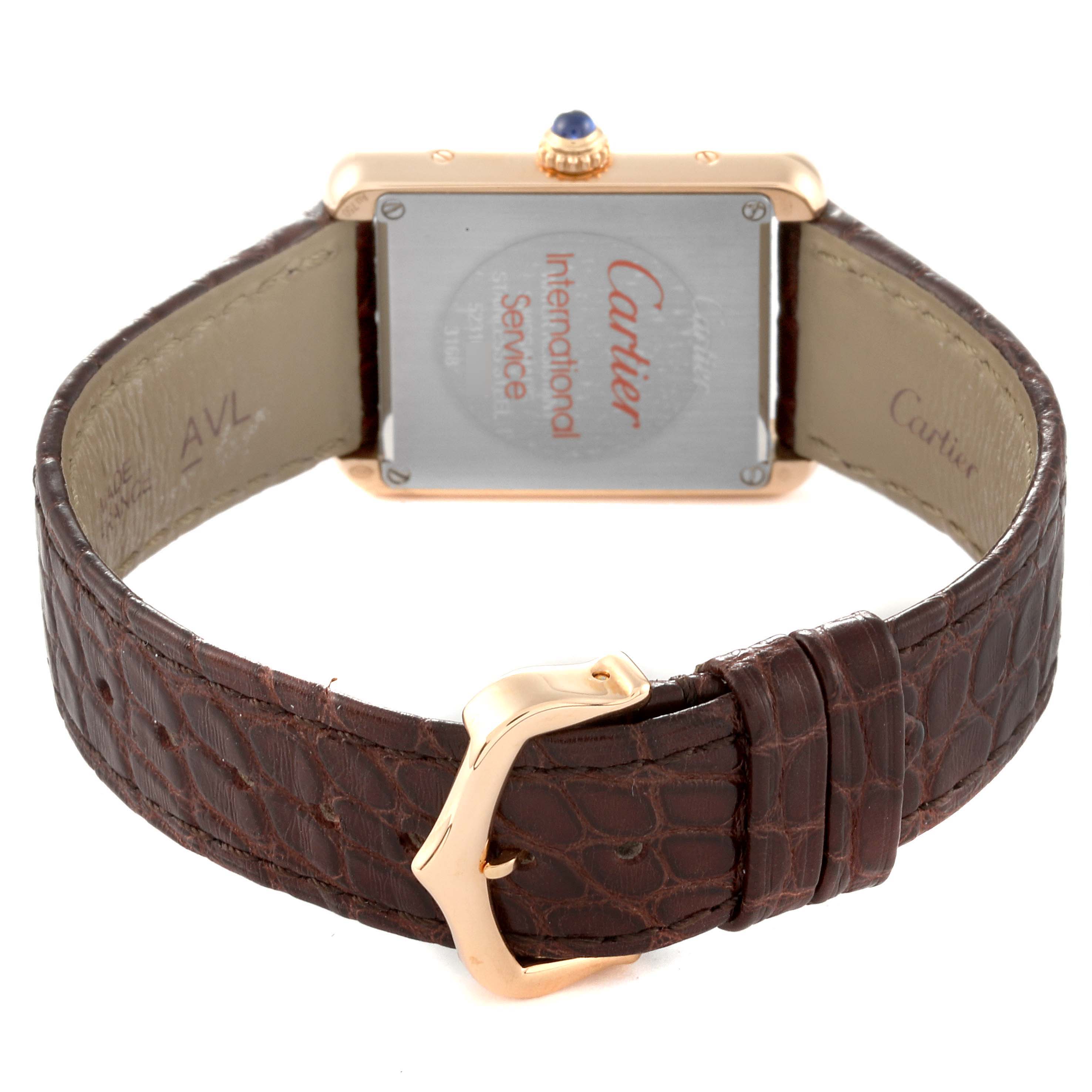 This image shows the back view of a Cartier Tank Solo W5200024 Women
s Rose Gold Silver Dial W5200024 Women
s Rose Gold Silver Dial watch, highlighting the leather strap and clasp.