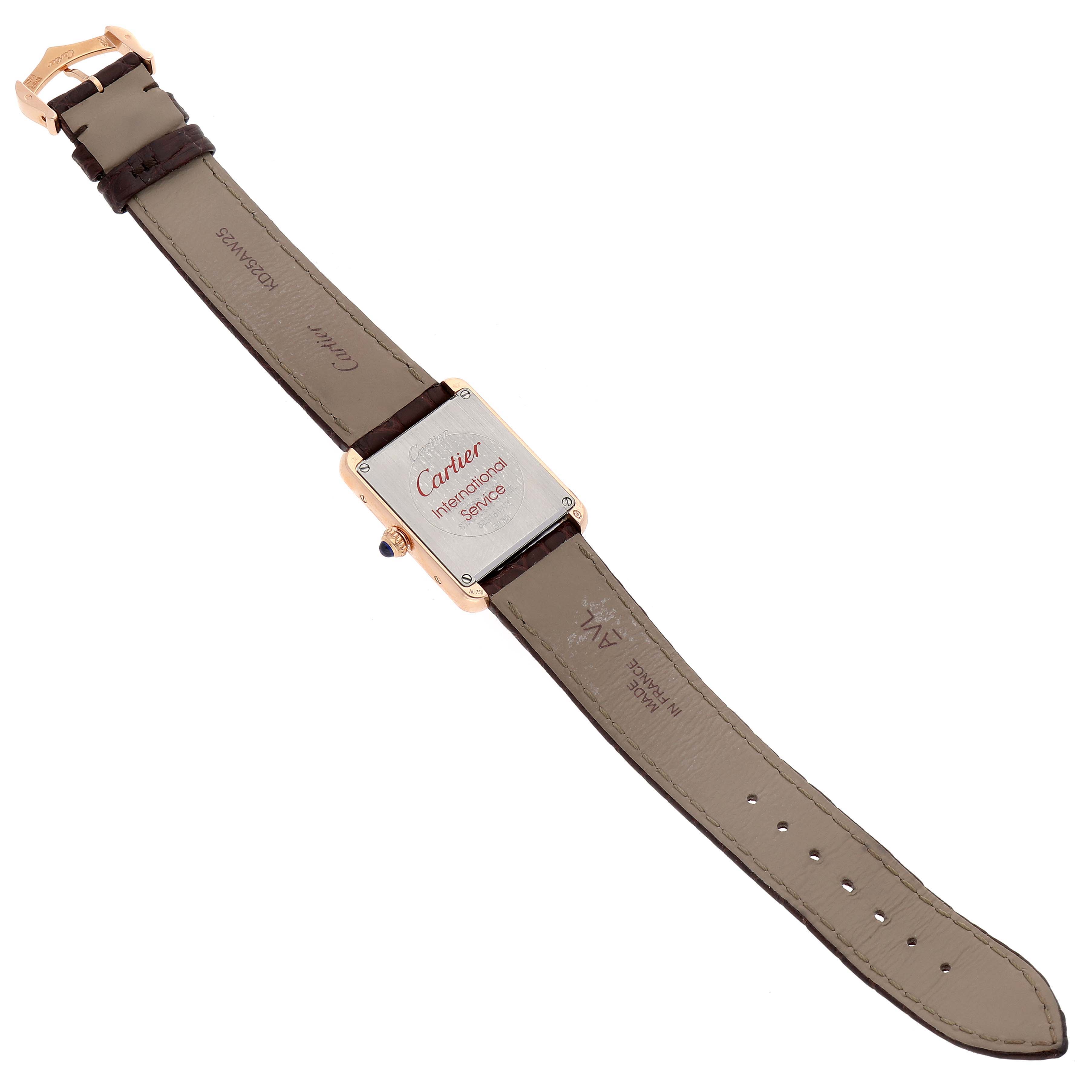 The image shows the back view of a Cartier Tank Solo W5200024 Women
s Rose Gold Silver Dial W5200024 Women
s Rose Gold Silver Dial watch with its leather strap fully extended.