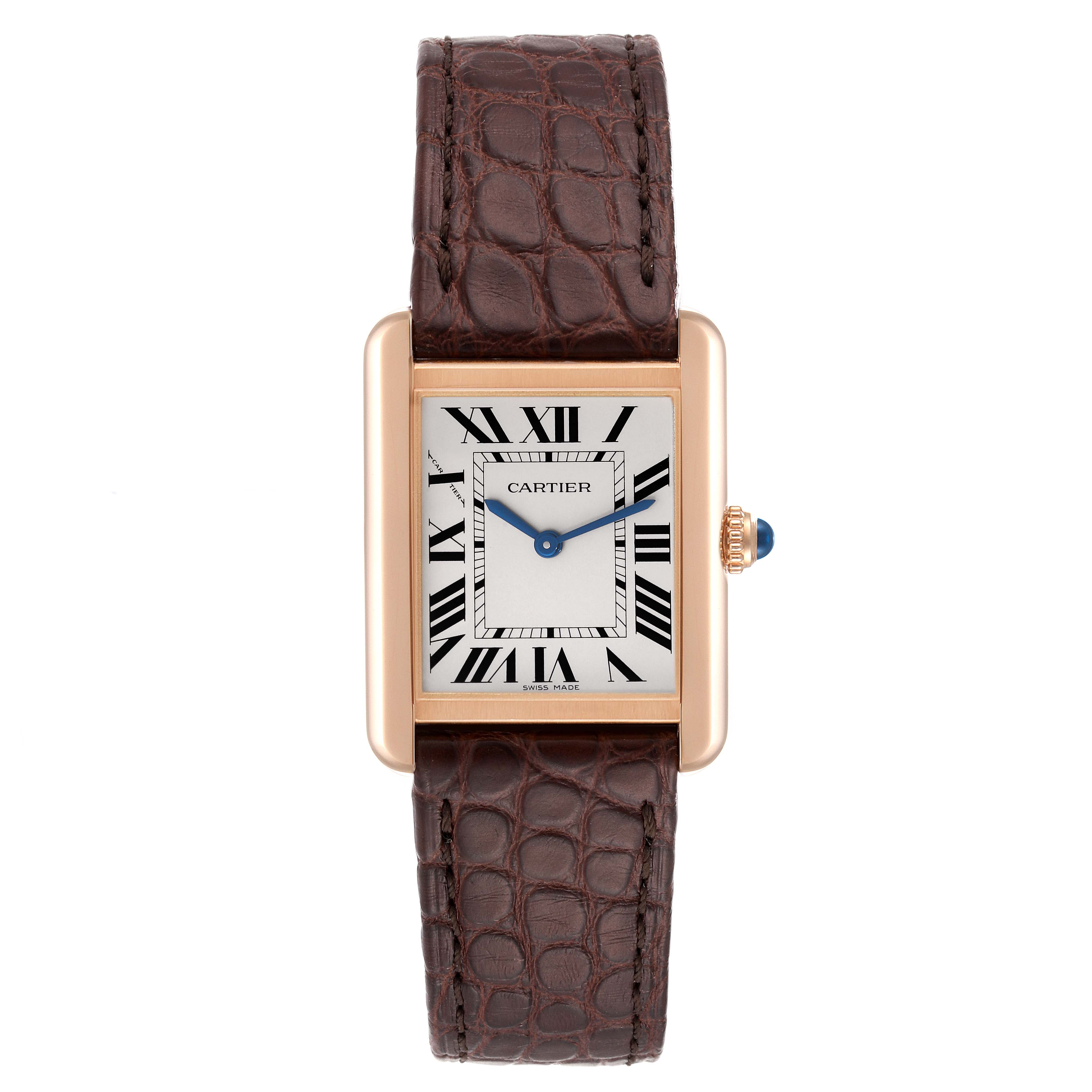 This image shows a Cartier Tank Solo W5200024 Women
s Rose Gold Silver Dial W5200024 Women
s Rose Gold Silver Dial watch from a top-down angle, highlighting the face, strap, case, and crown.