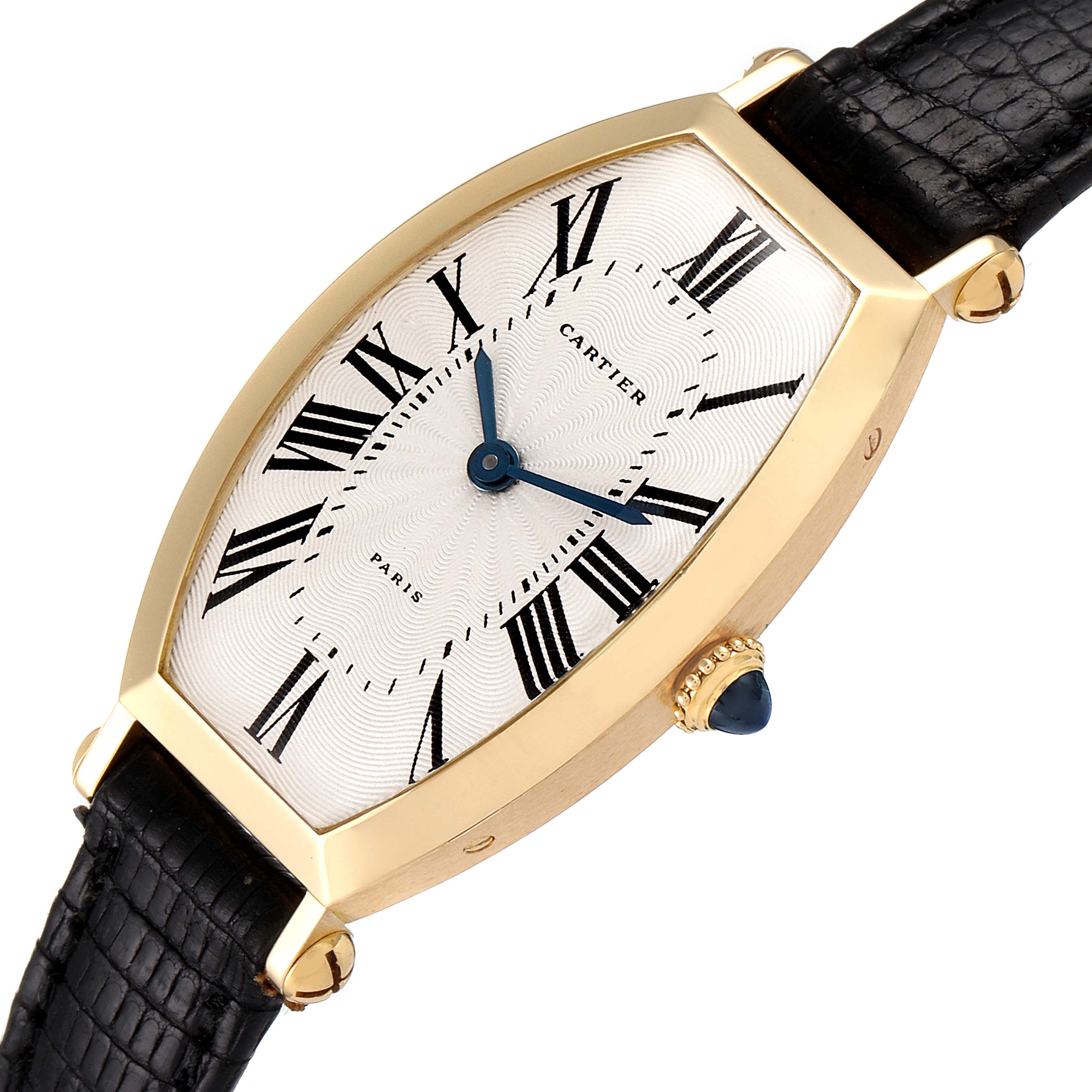 The image shows a front and side view of the Cartier Tortue Women's Yellow Gold Silver Dial Women's Yellow Gold Silver Dial watch, highlighting the dial, crown, and black strap.