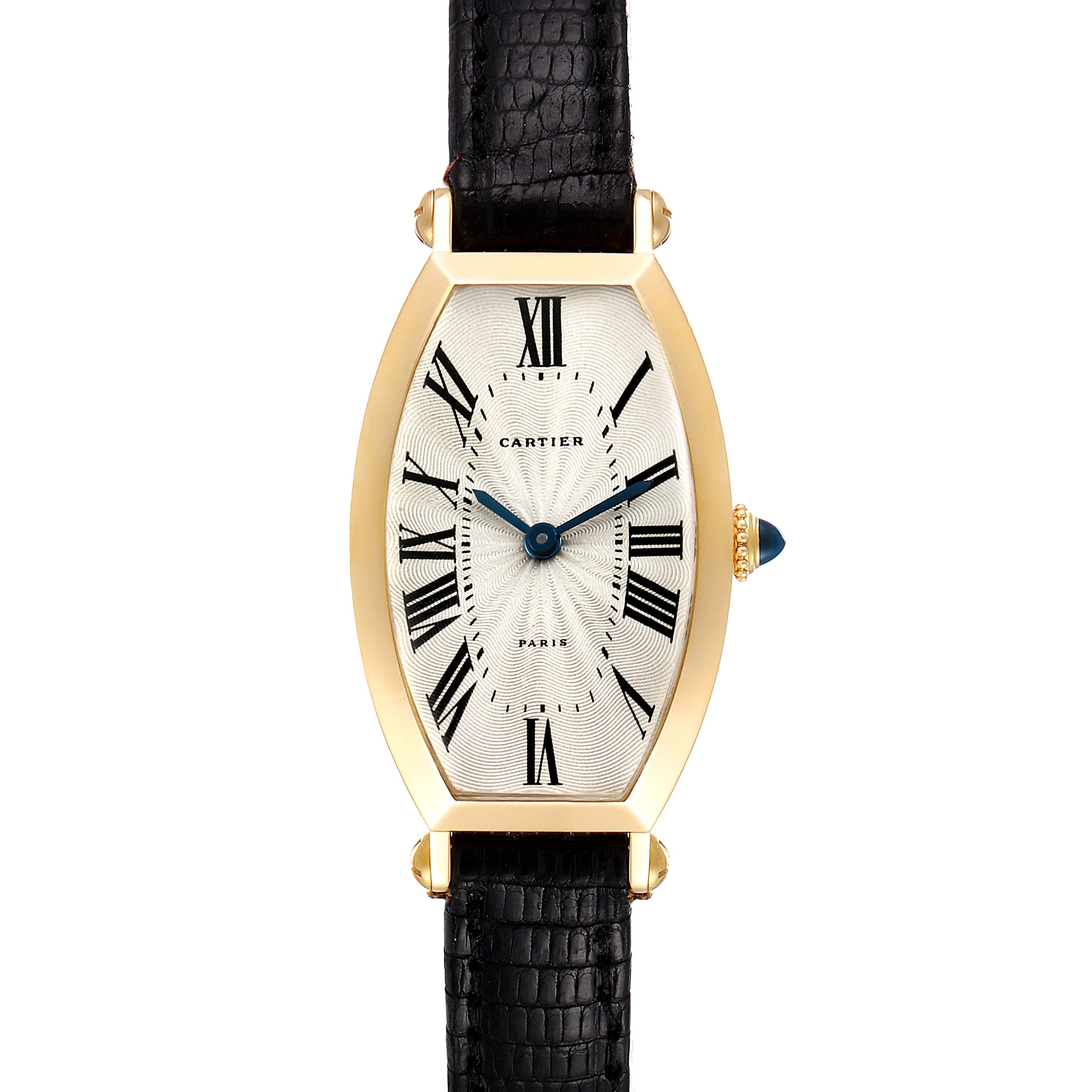 This image shows a front view of a Cartier Tortue Women's Yellow Gold Silver Dial Women's Yellow Gold Silver Dial watch with a gold case, Roman numeral markers, and a black leather strap.