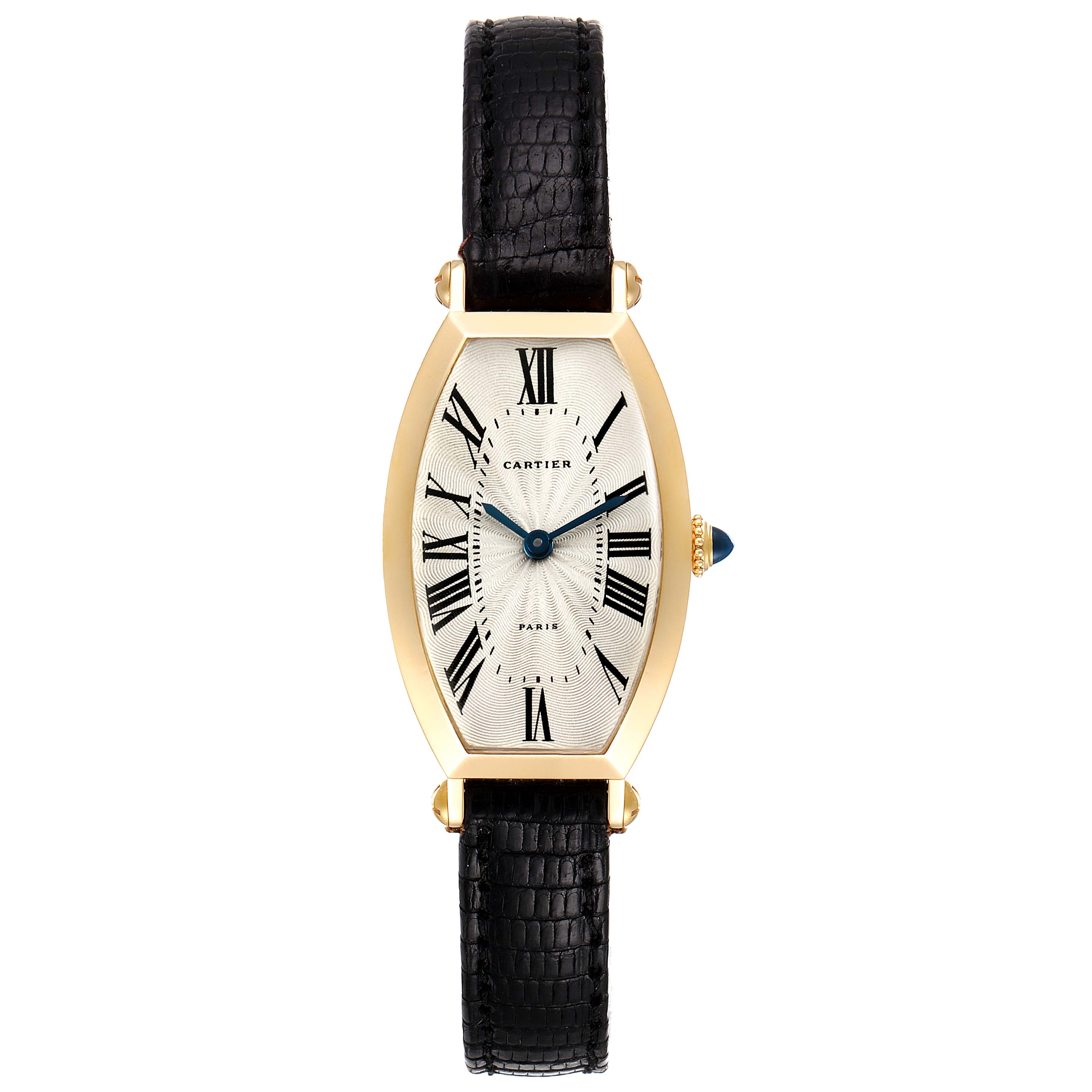 The image shows a Cartier Tortue Women's Yellow Gold Silver Dial Women's Yellow Gold Silver Dial watch from a front angle, highlighting its face, black strap, and gold case.