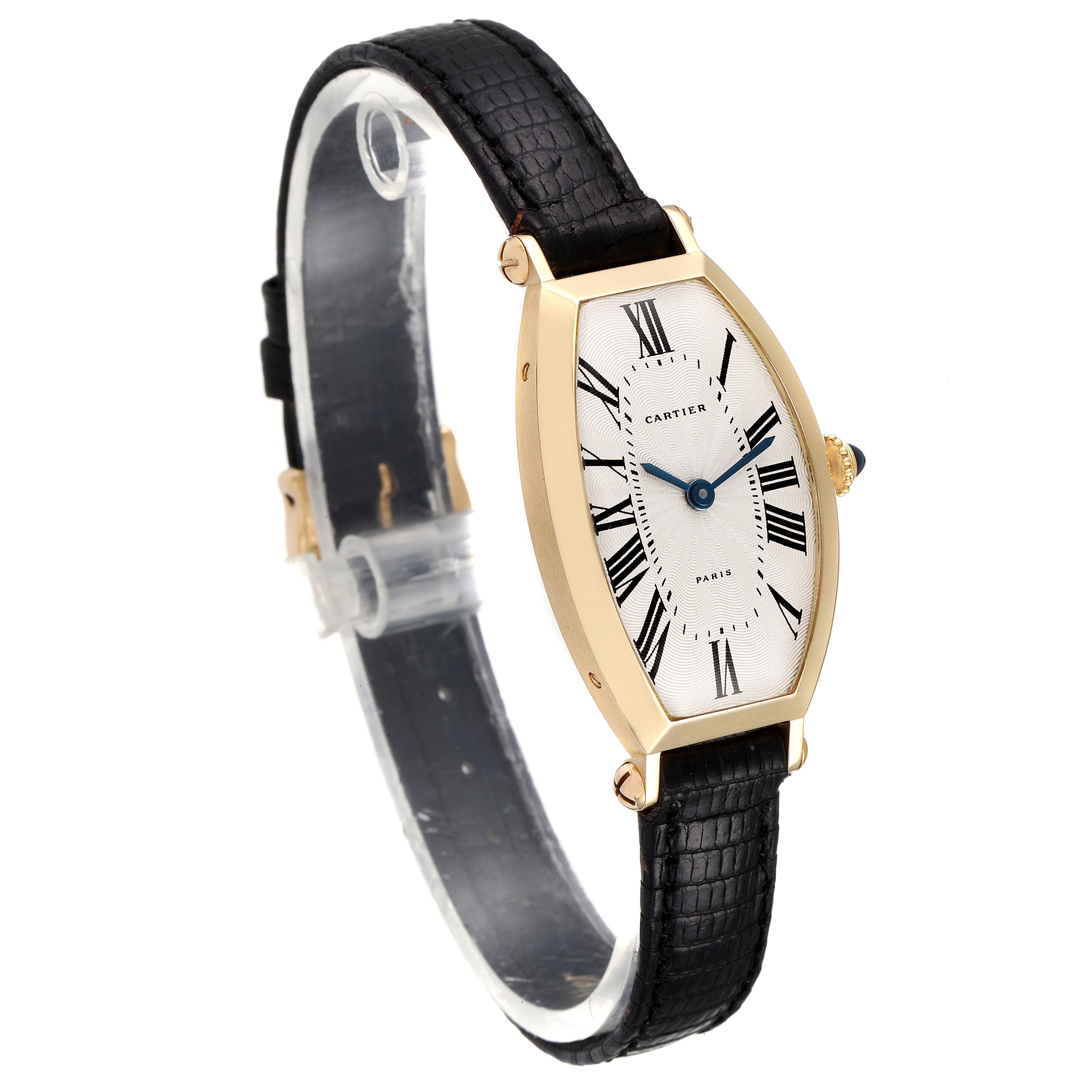 The Cartier Tortue Women's Yellow Gold Silver Dial Women's Yellow Gold Silver Dial watch is shown at a slight side angle, displaying the face, case, and strap.