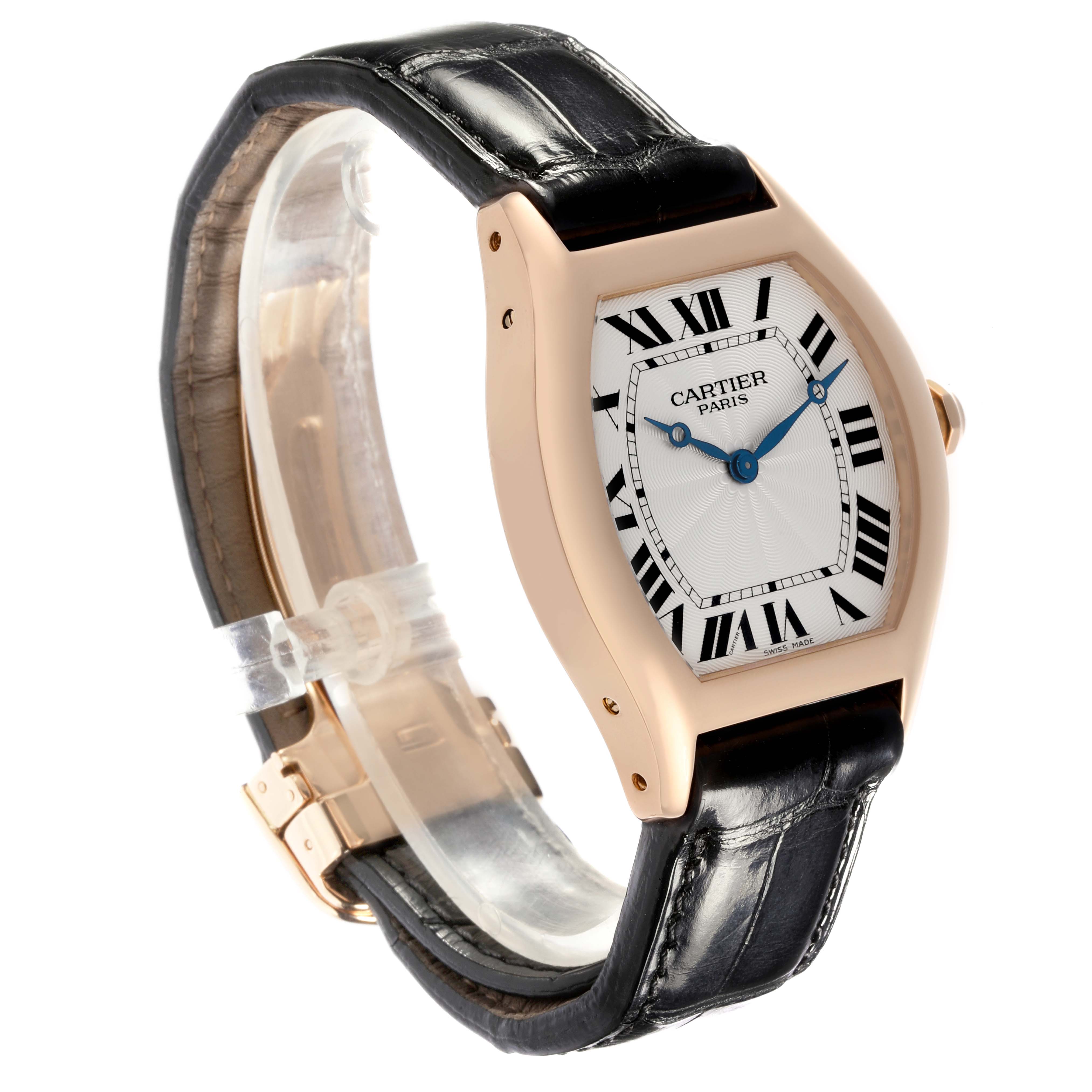 The Cartier Tortue 2498E Men's Rose Gold Silver Dial 2498E Men's Rose Gold Silver Dial watch is shown at a side angle, featuring its case, dial, and leather strap.